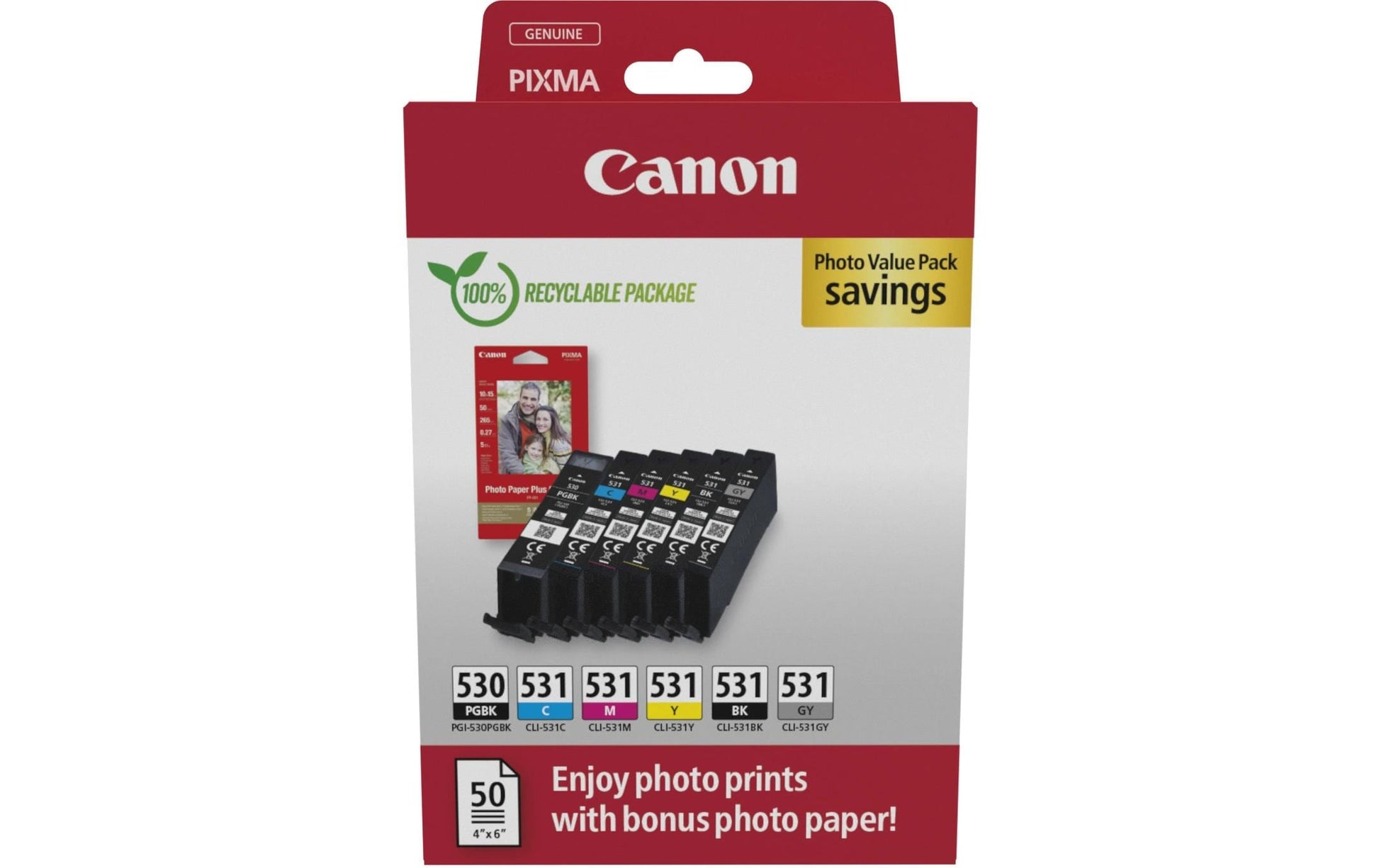 Canon Tintenpatronen-Multipack PGI530/CLI531, mit Fotopapier 100 × 150 mm (50 Blatt) – für Inkjetdrucker