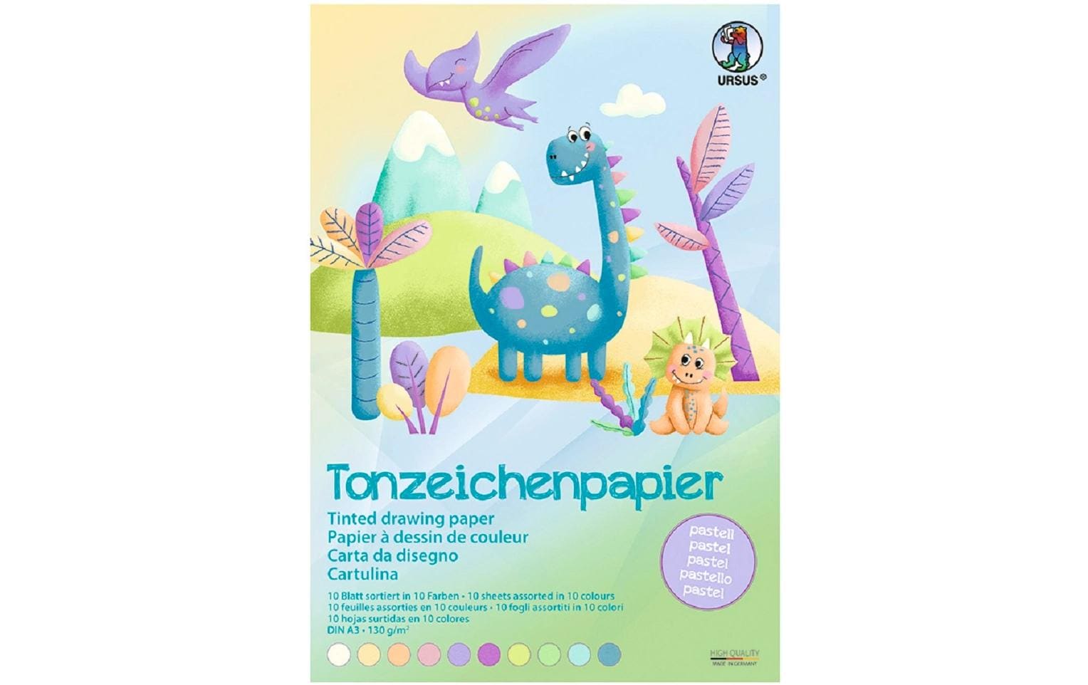 Ursus Farbiges Tonzeichenpapier – A3, 130 g/m², farbig sortiert, 10 Blatt