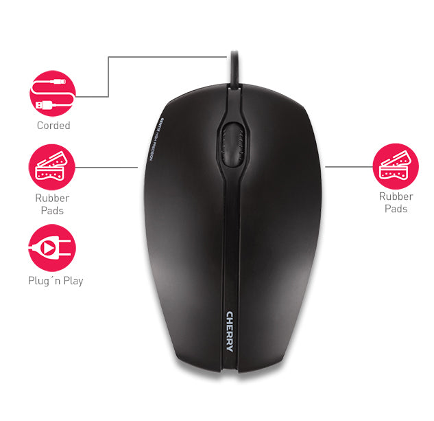 CHERRY Gentix Maus – kabelgebunden, USB-A, 1'000 dpi, 3 Tasten, beidhändig, beleuchtet, schwarz