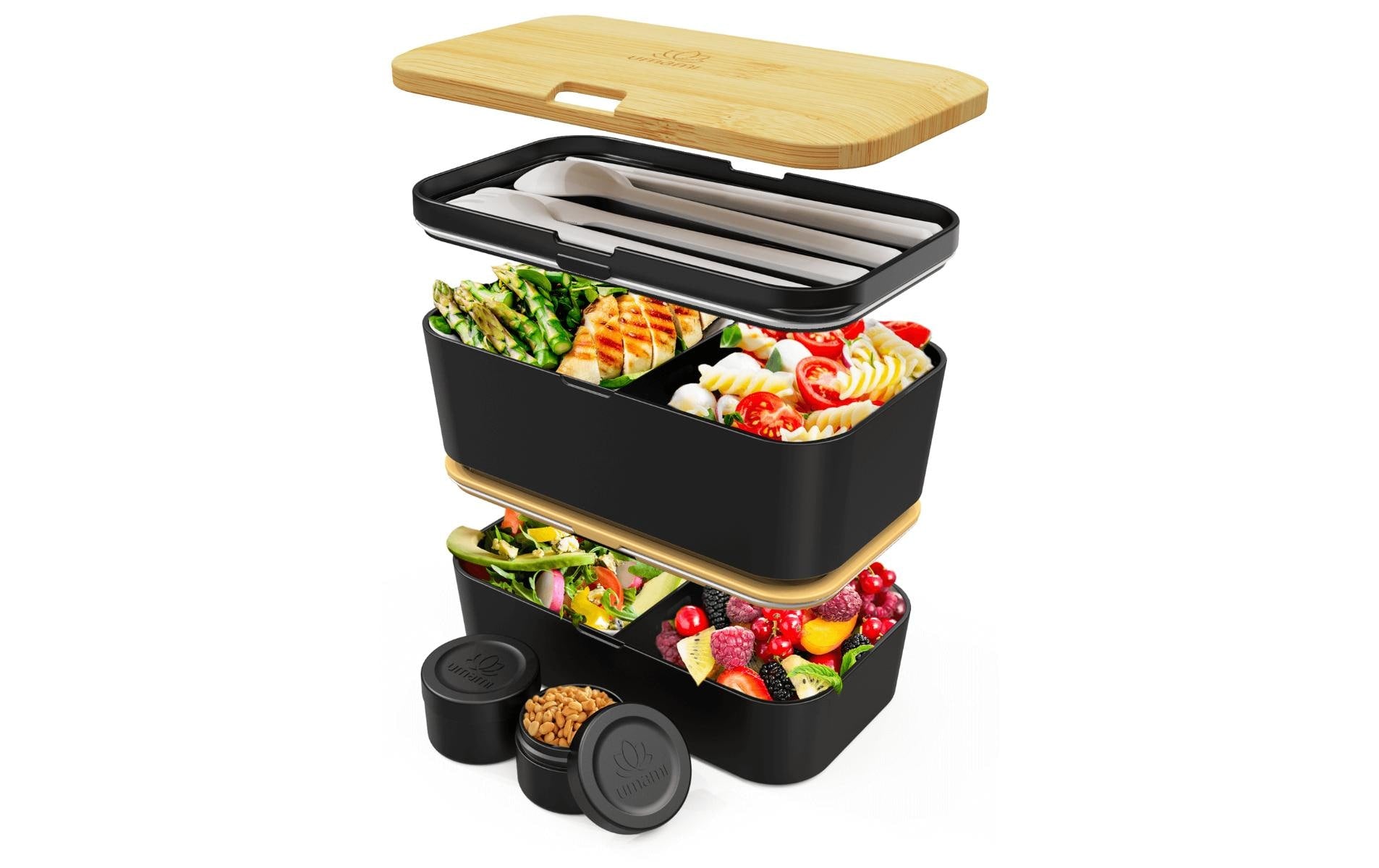 Umami Lunchbox 600 ml, 20 × 15 × 10 cm, Polypropylen (PP)/Bambus, schwarz, 2-teilig