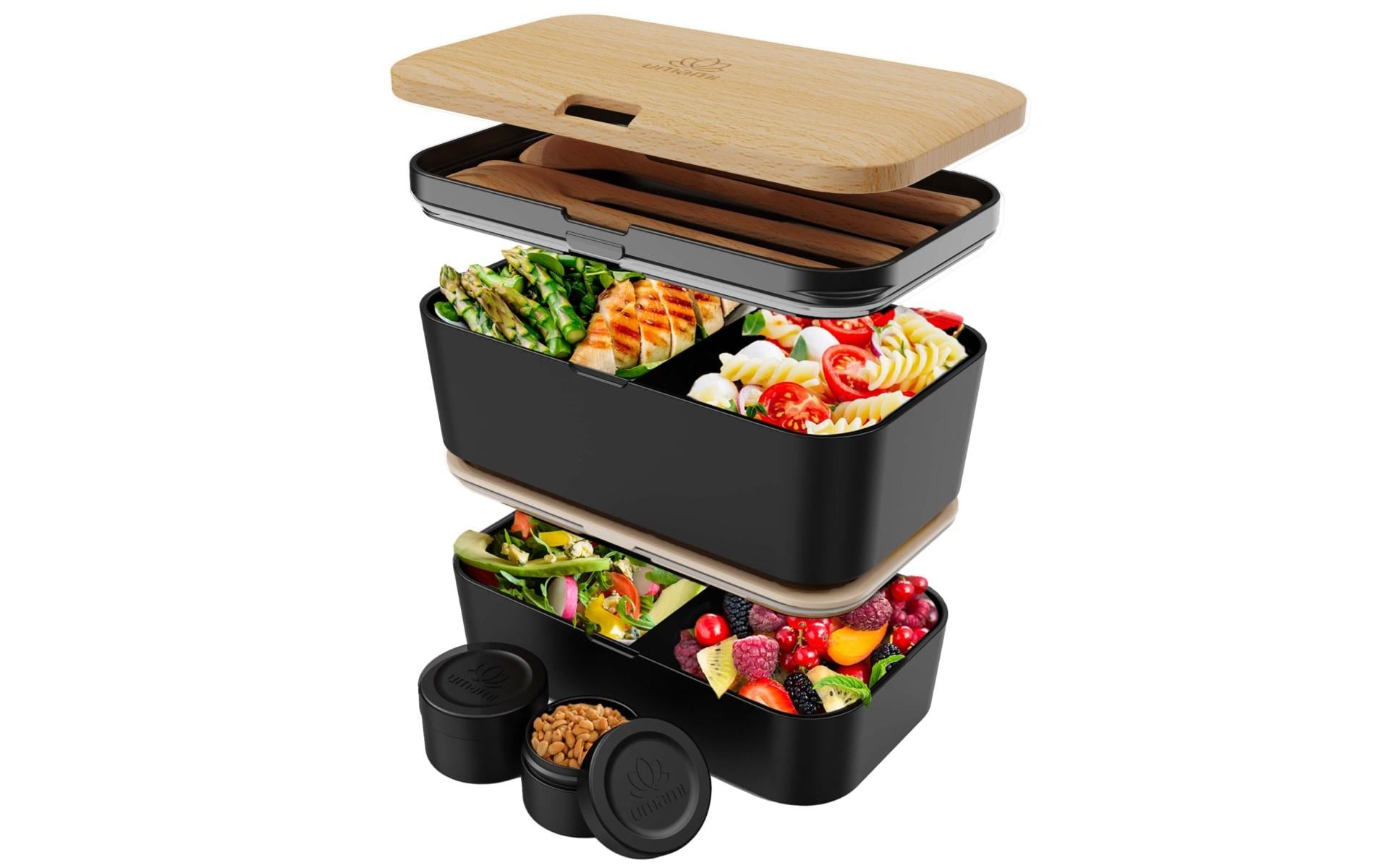 Umami Lunchbox 600 ml, 24 × 18 × 10 cm, Polypropylen (PP)/Bambus, schwarz, 2-teilig, BPA-frei