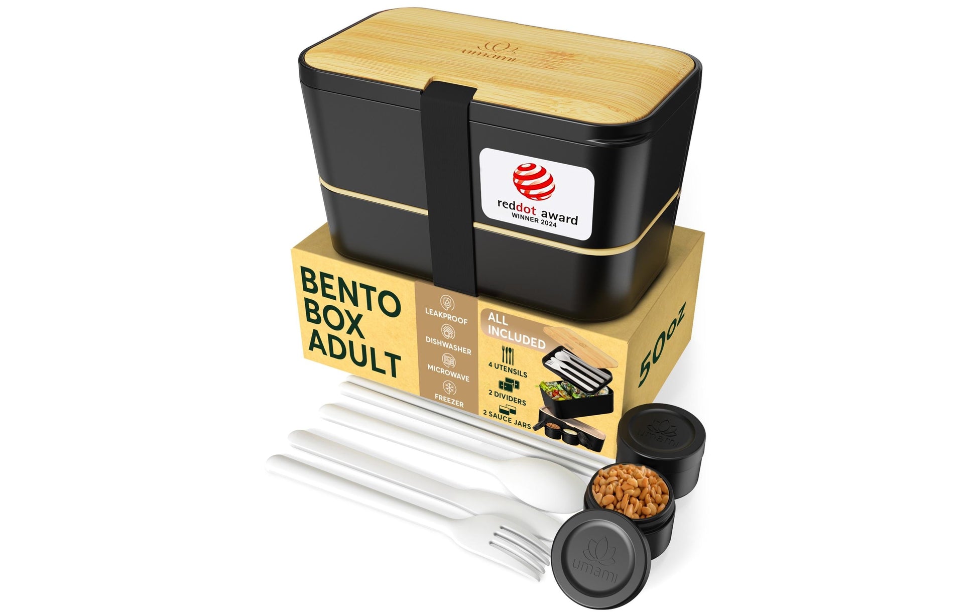 Umami Lunchbox 600 ml, 20 × 15 × 10 cm, Polypropylen (PP)/Bambus, schwarz, 2-teilig