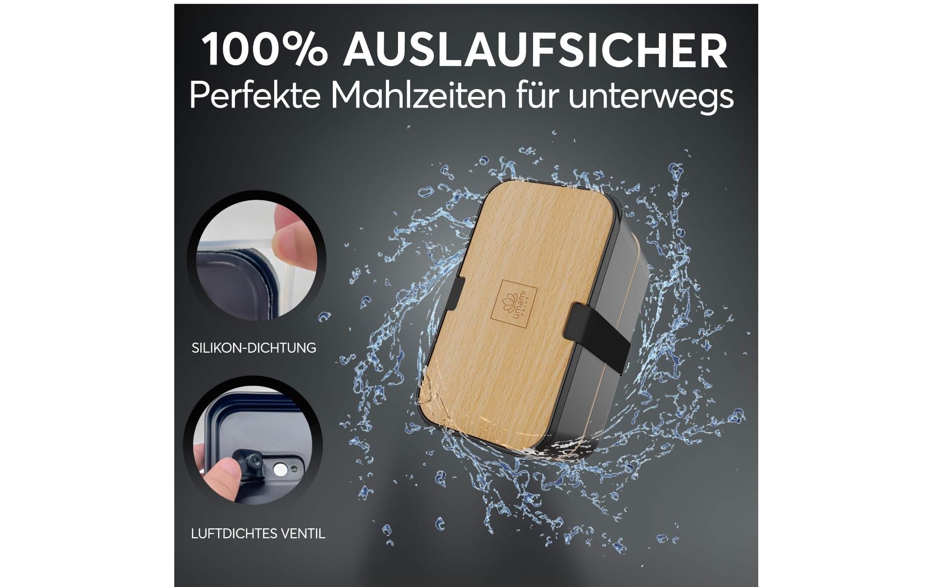 Umami Lunchbox 600 ml, 24 × 18 × 10 cm, Polypropylen (PP)/Bambus, schwarz, 2-teilig, BPA-frei