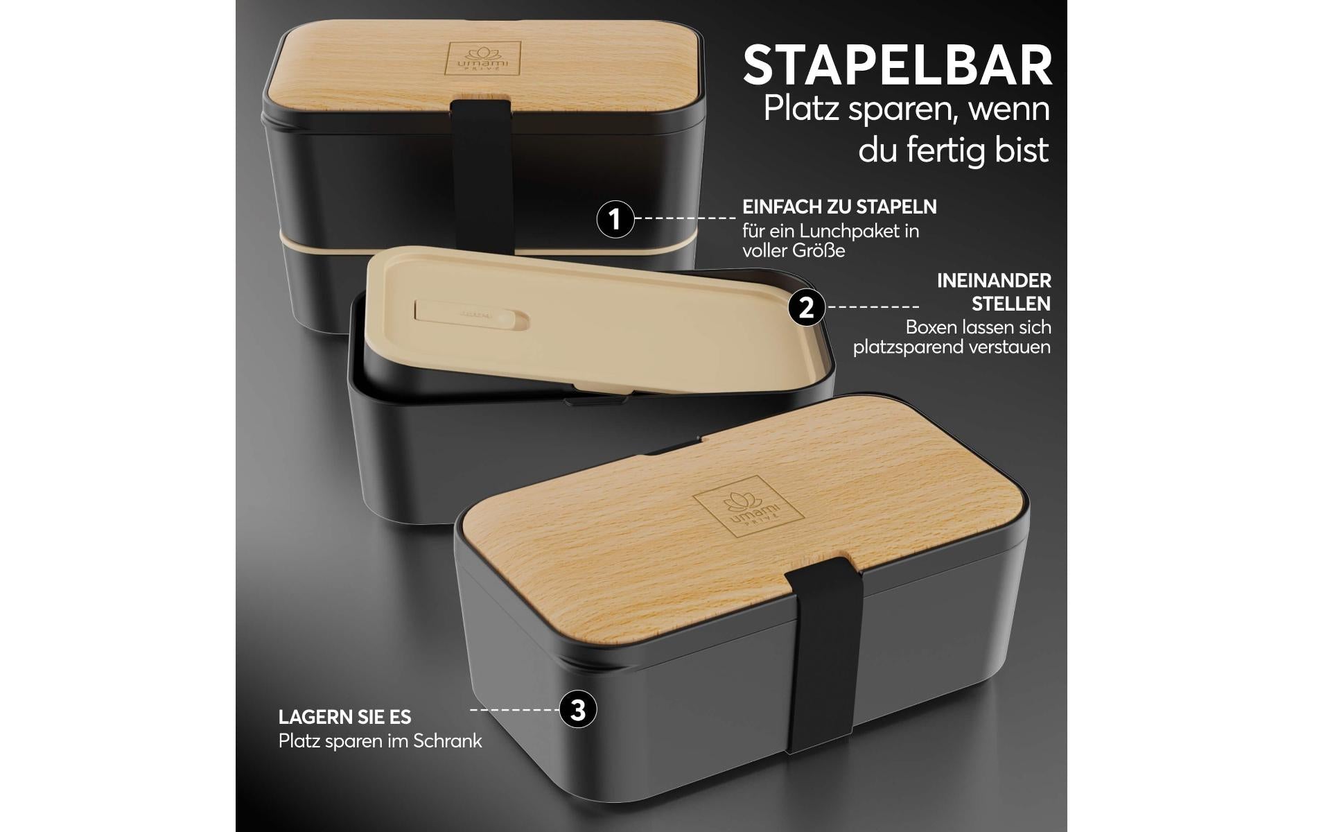 Umami Lunchbox 600 ml, 24 × 18 × 10 cm, Polypropylen (PP)/Bambus, schwarz, 2-teilig, BPA-frei