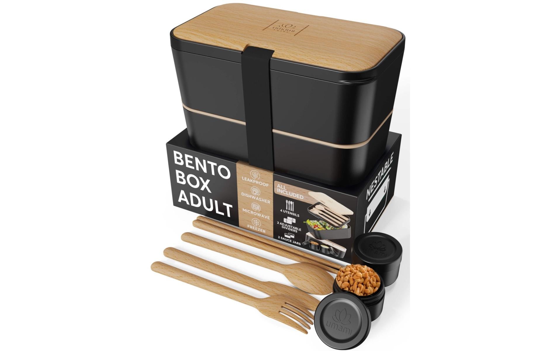 Umami Lunchbox 600 ml, 24 × 18 × 10 cm, Polypropylen (PP)/Bambus, schwarz, 2-teilig, BPA-frei