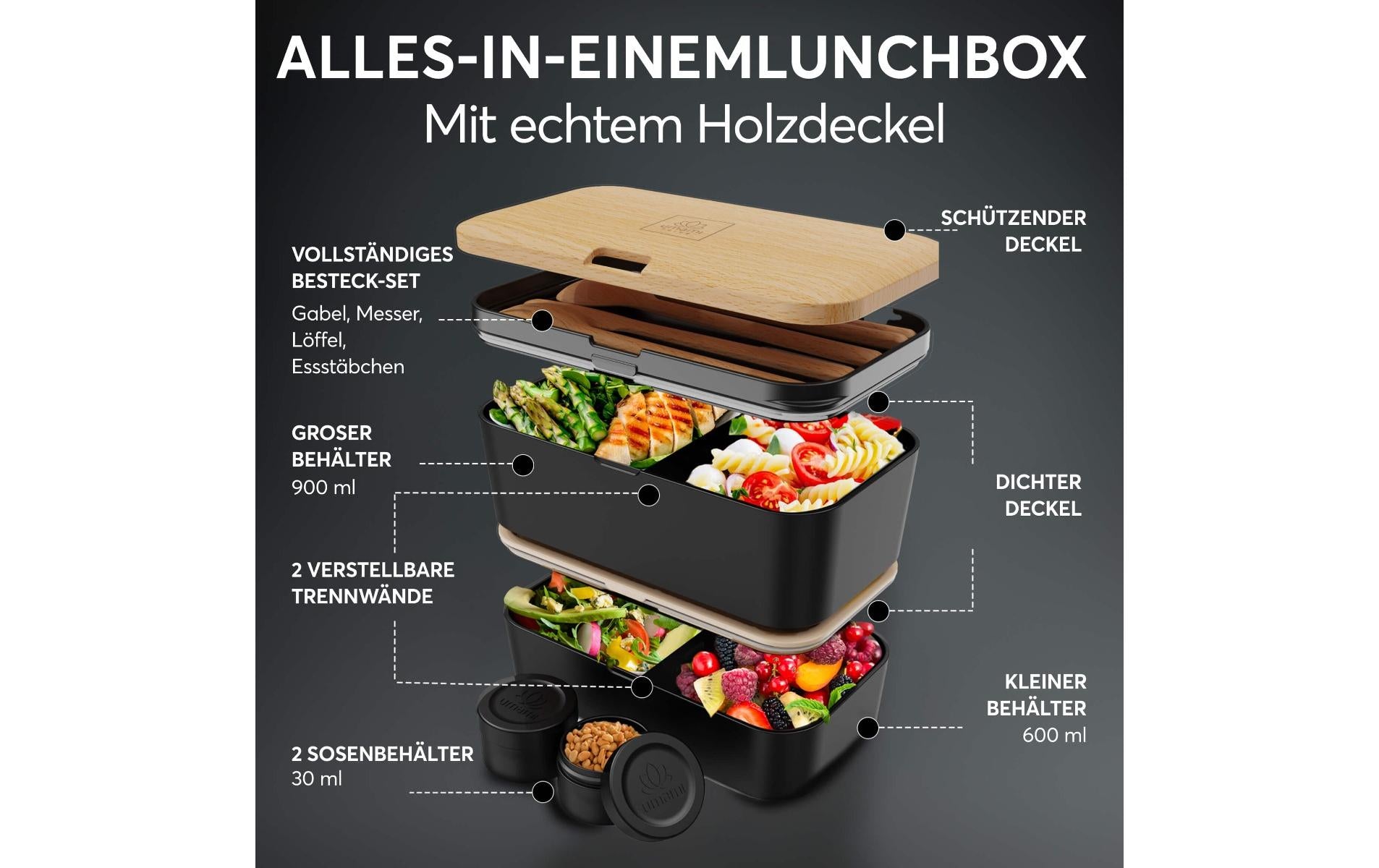 Umami Lunchbox 600 ml, 24 × 18 × 10 cm, Polypropylen (PP)/Bambus, schwarz, 2-teilig, BPA-frei