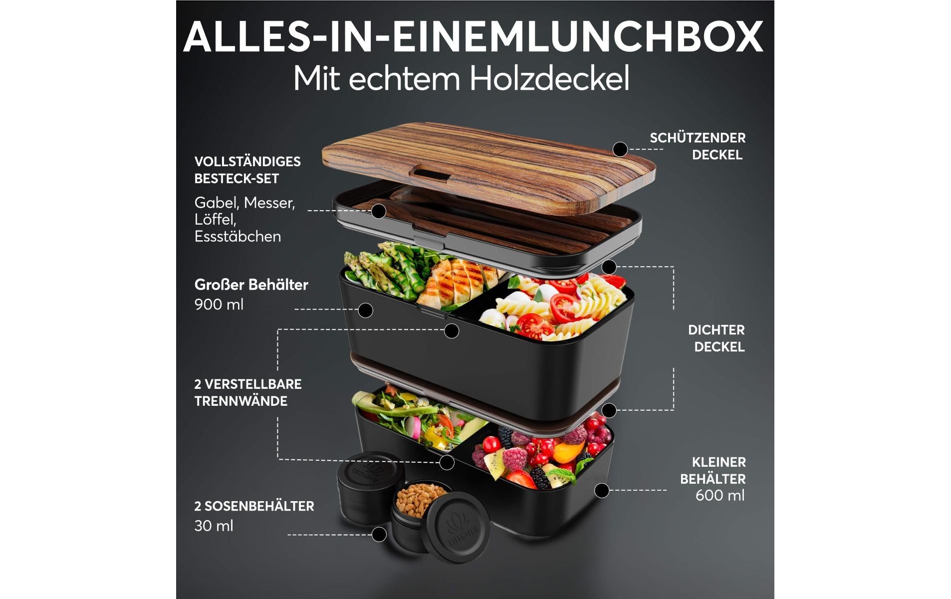 Umami Lunchbox 800 ml, 20 × 15 × 10 cm, Polypropylen (PP), schwarz, 2-teilig