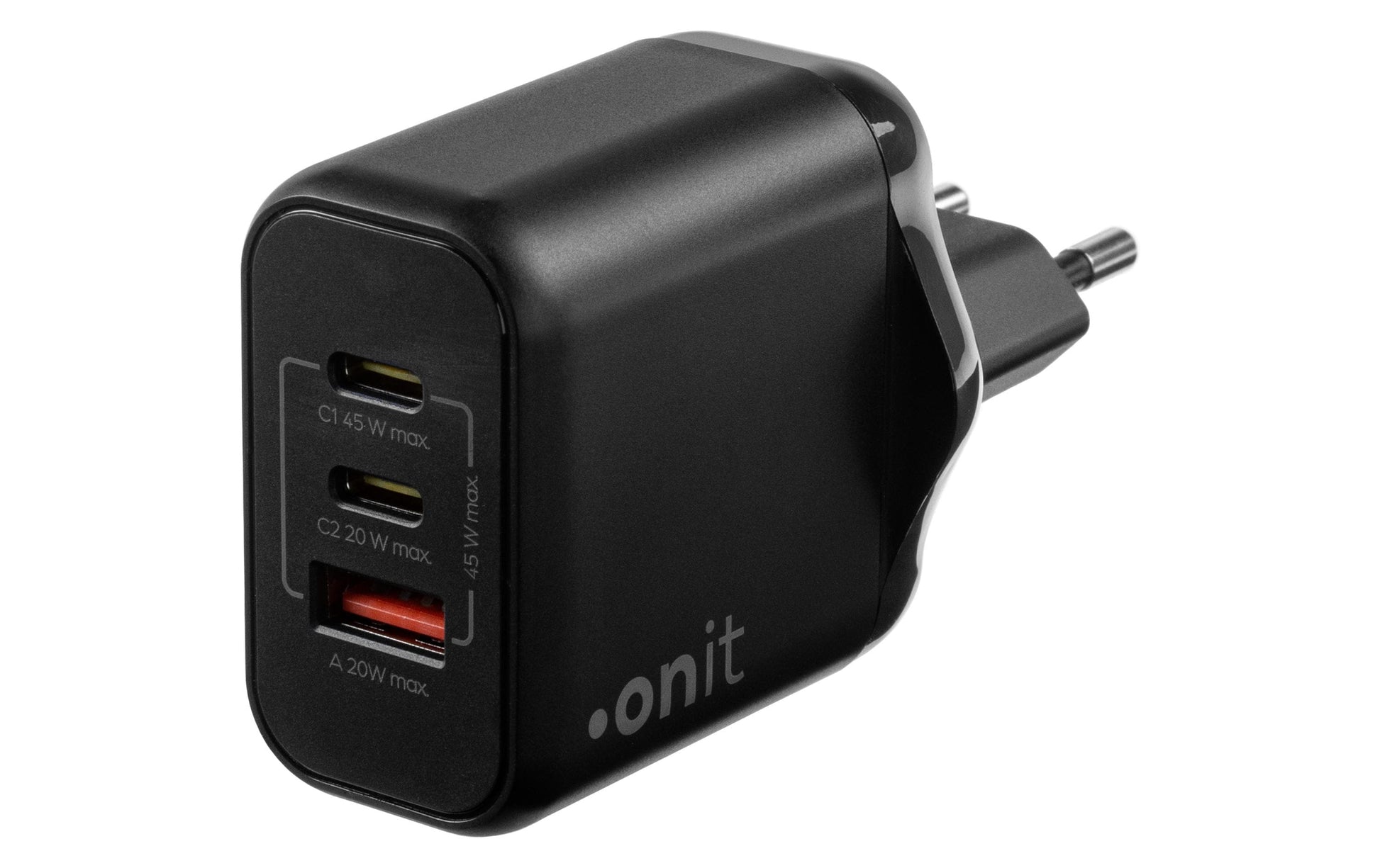 ONIT F02799 USB-Ladegerät 45 W – USB-C×2, USB-A×1 – PD 3,0, PPS, QC 3,0, GaN – EU-Stecker (Typ C) – Schwarz