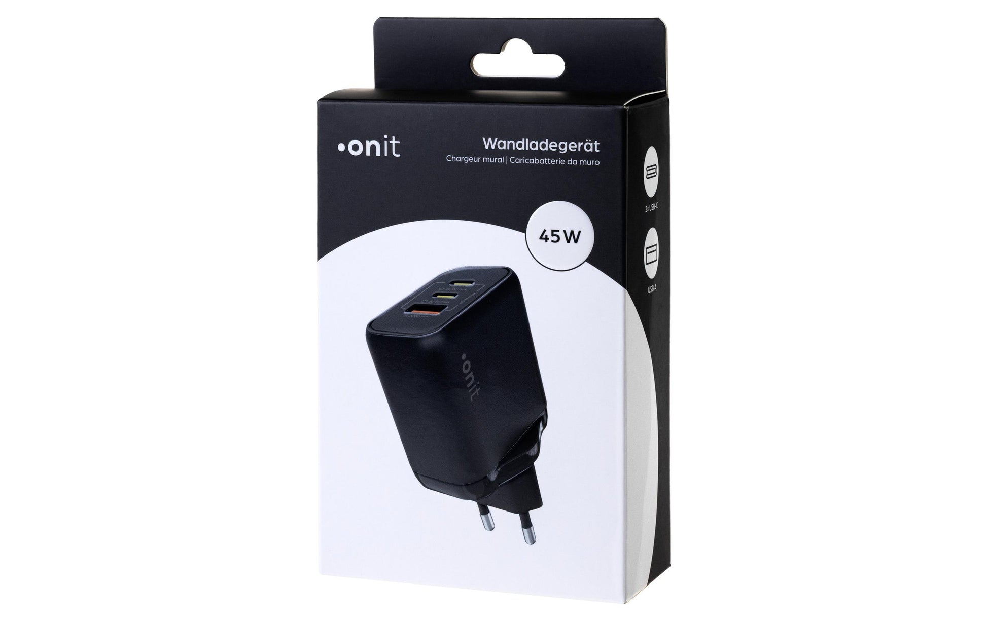 ONIT F02799 USB-Ladegerät 45 W – USB-C×2, USB-A×1 – PD 3,0, PPS, QC 3,0, GaN – EU-Stecker (Typ C) – Schwarz