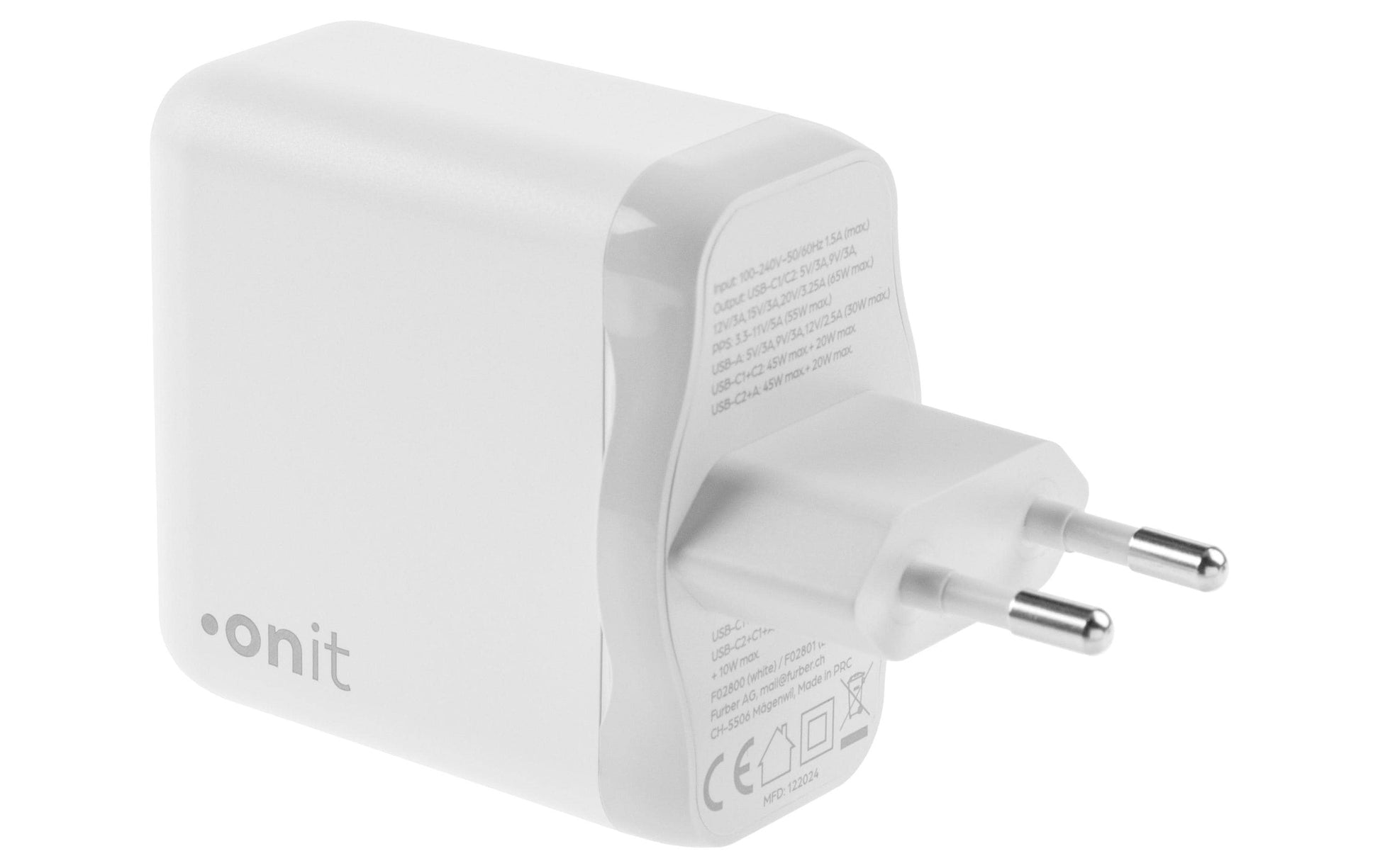 ONIT F02800 USB-Ladegerät 65 W – USB-C×2, USB-A×1 – PD 3.0, PPS, QC 3.0 – GaN – Weiss