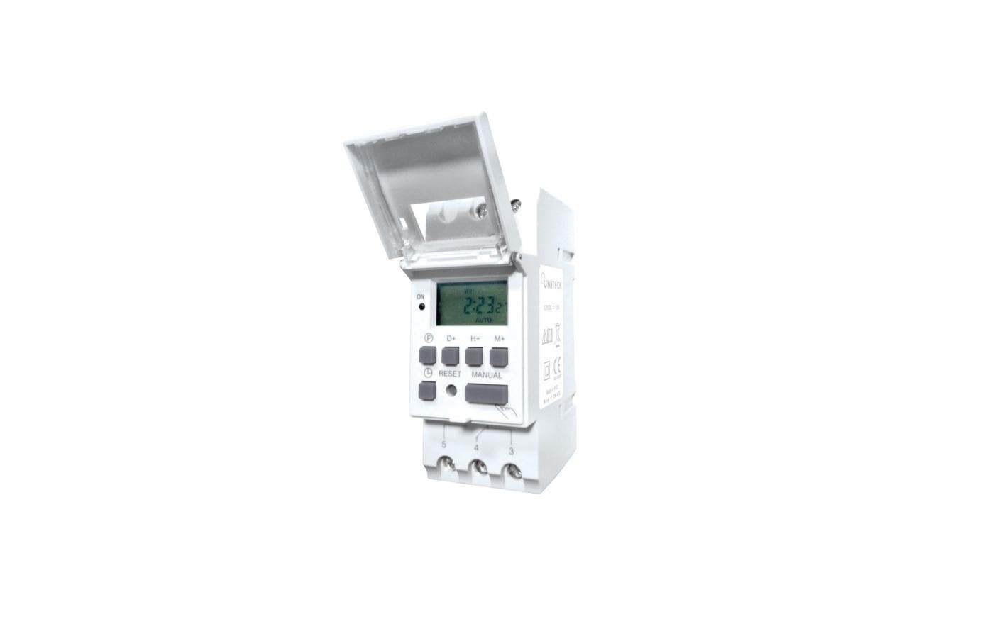Uniteck Digitale Zeitschaltuhr (DIN-Schiene) – Digital, 10–15V, 17 Schaltpunkte, Wandmontage – Weiss