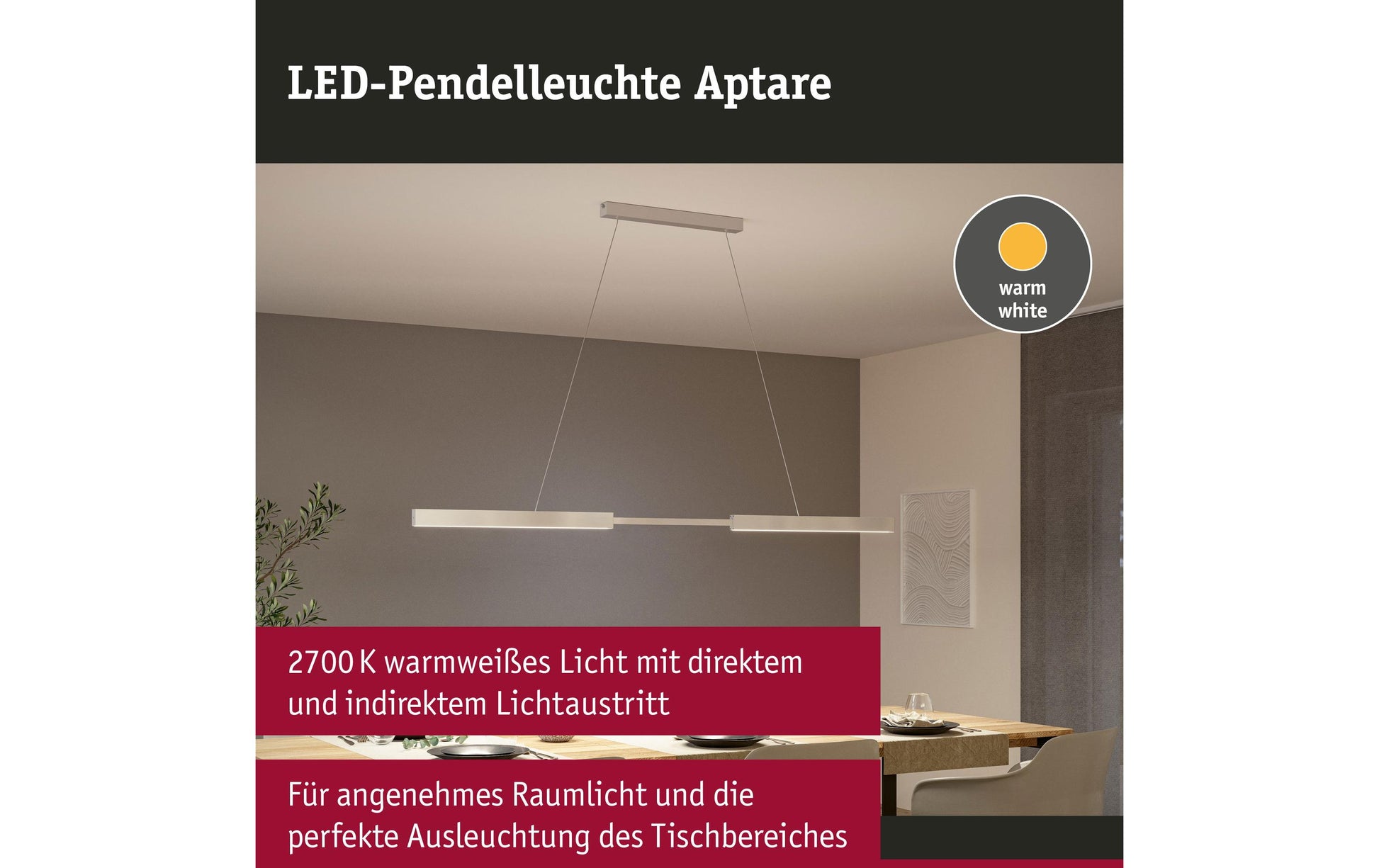 Paulmann Pendelleuchte Aptare – 180 × 5 × 150 cm, 4100 lm, 16,5 W, 2700 K, dimmbar, weiss, festverbaut