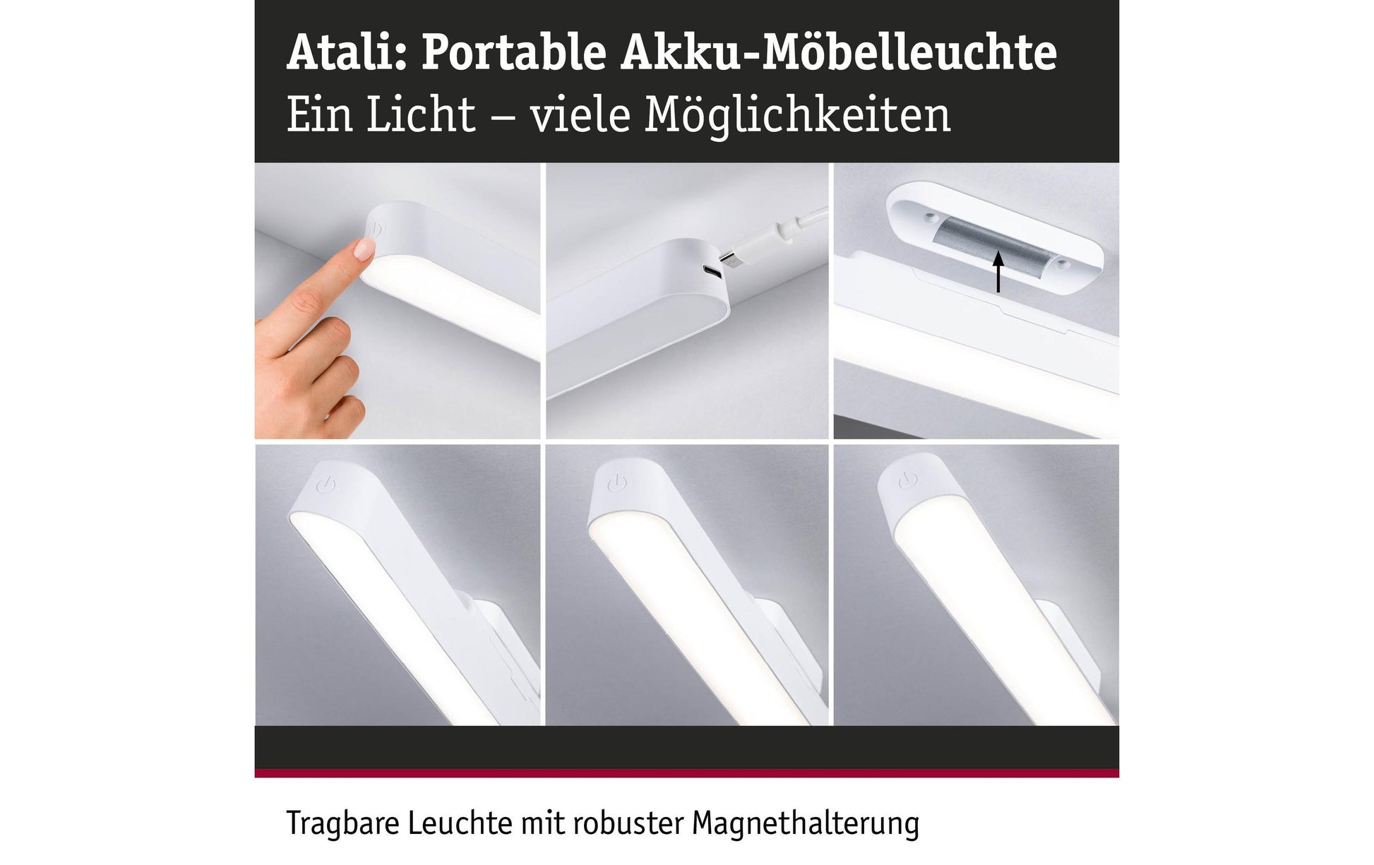 Paulmann Möbelleuchte Atali 24 – 40 cm, 310 lm, 2,6 W, 4000 K, dimmbar, Akku, weiss