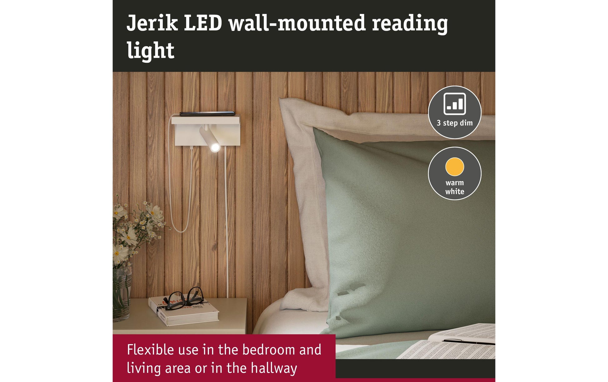 Paulmann LED Wandleuchte Jerik – 18,2 × 8,7 cm, 225 lm, 2,4 W, 3000 K, 3-Stufen-Dim, USB-C, weiss