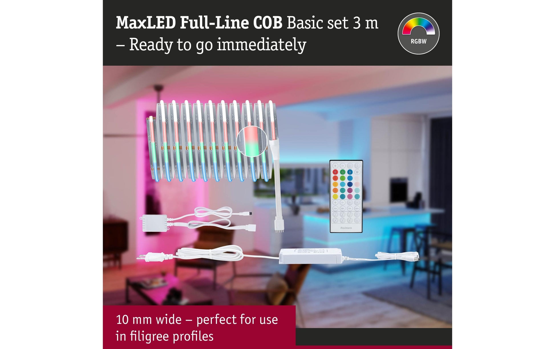 Paulmann LED-Strip – 3 m, 1590 lm, 18 W, RGBW/3000 K, dimmbar, silber, inkl. Netzteil, Fernbedienung