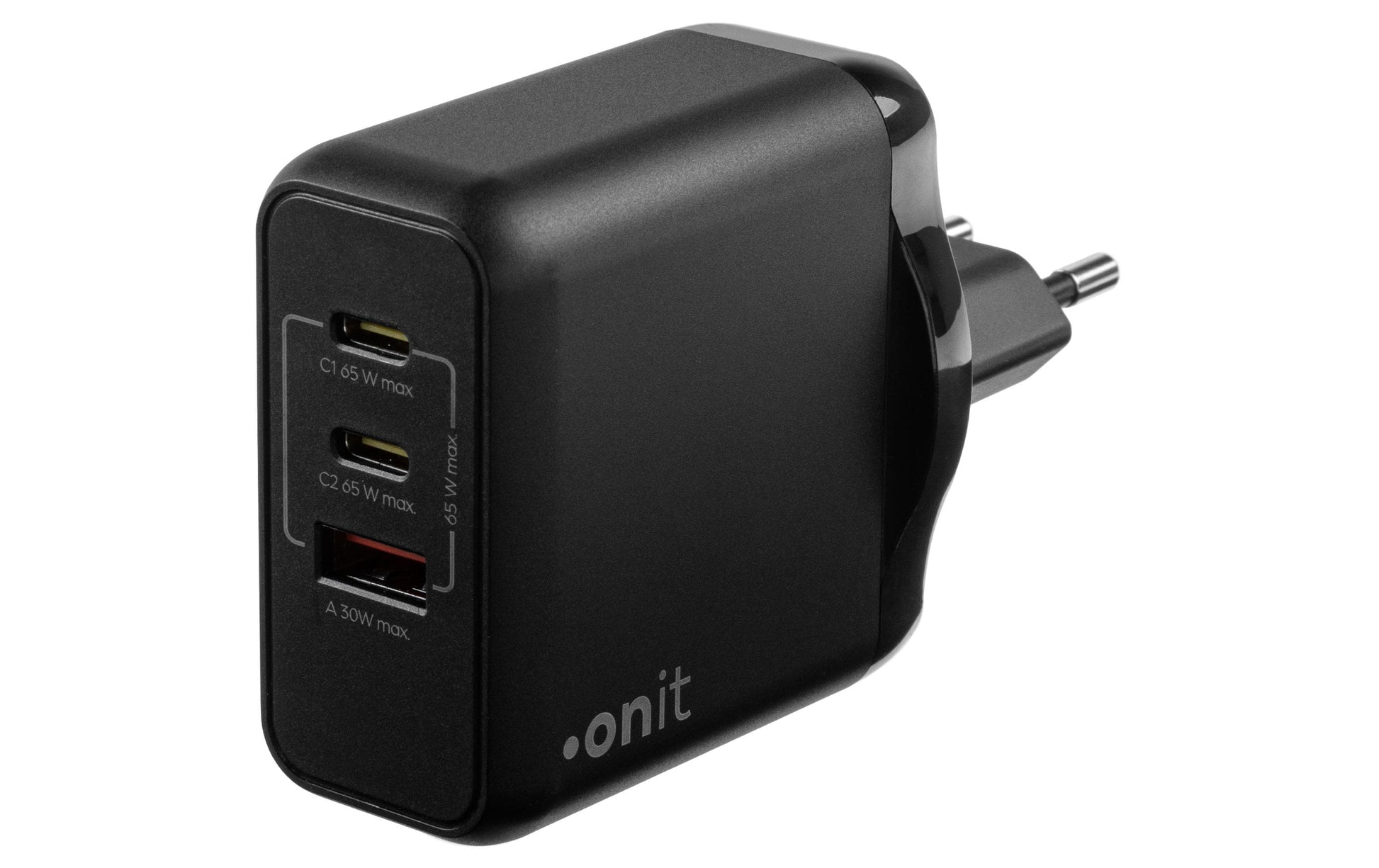 ONIT F02801 USB-Ladegerät 65 W – USB-C×2, USB-A×1 – PD 3.0, PPS, QC 3.0 – GaN, EU-Stecker (Typ C) – Schwarz