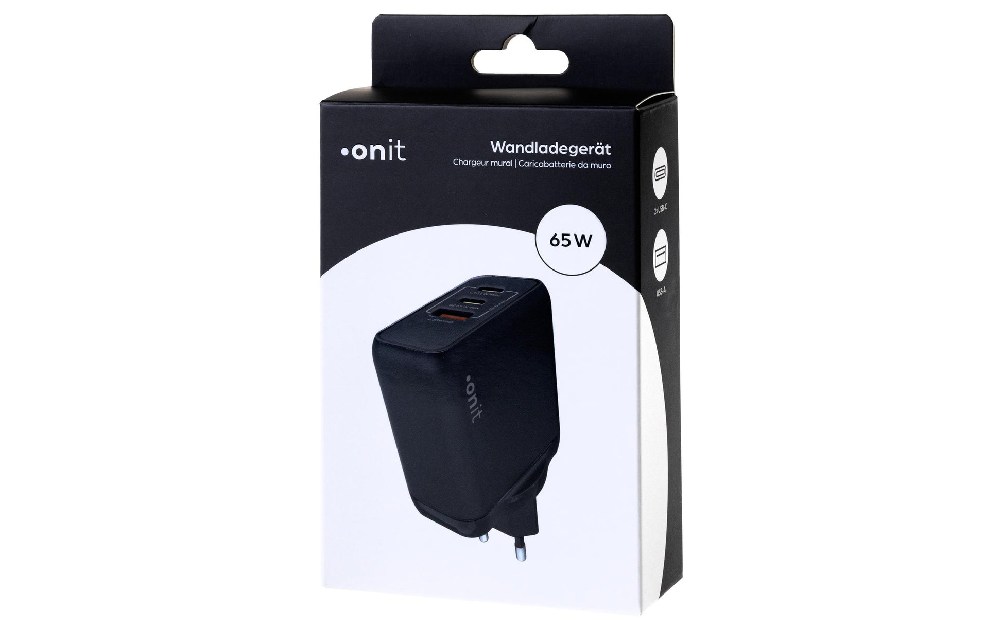 ONIT F02801 USB-Ladegerät 65 W – USB-C×2, USB-A×1 – PD 3.0, PPS, QC 3.0 – GaN, EU-Stecker (Typ C) – Schwarz