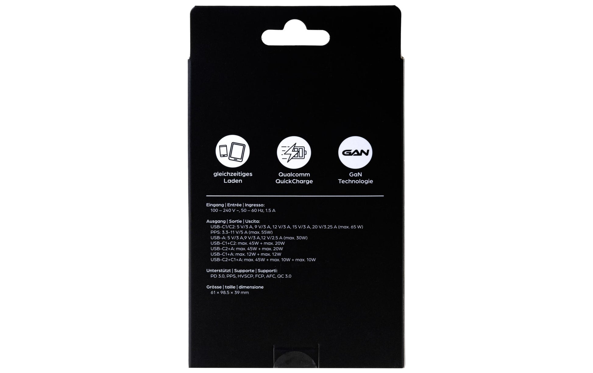 ONIT F02801 USB-Ladegerät 65 W – USB-C×2, USB-A×1 – PD 3.0, PPS, QC 3.0 – GaN, EU-Stecker (Typ C) – Schwarz