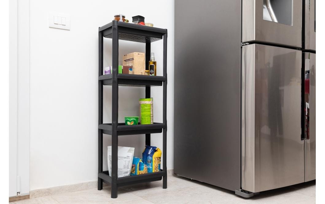 Toomax Büro-/Lagerregal freistehend – 4 Böden – 38 × 23 × 100 cm – 5 kg/Boden – schwarz – Polypropylen