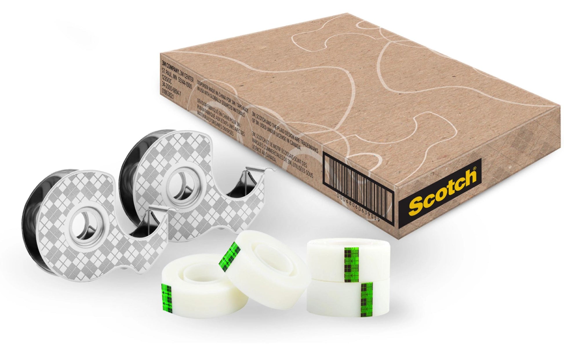 Scotch Handabroller – für Rollenbreite bis 19 mm, für Bandlänge bis 13,9 m, Metall, Silber, inkl. 4 Rollen