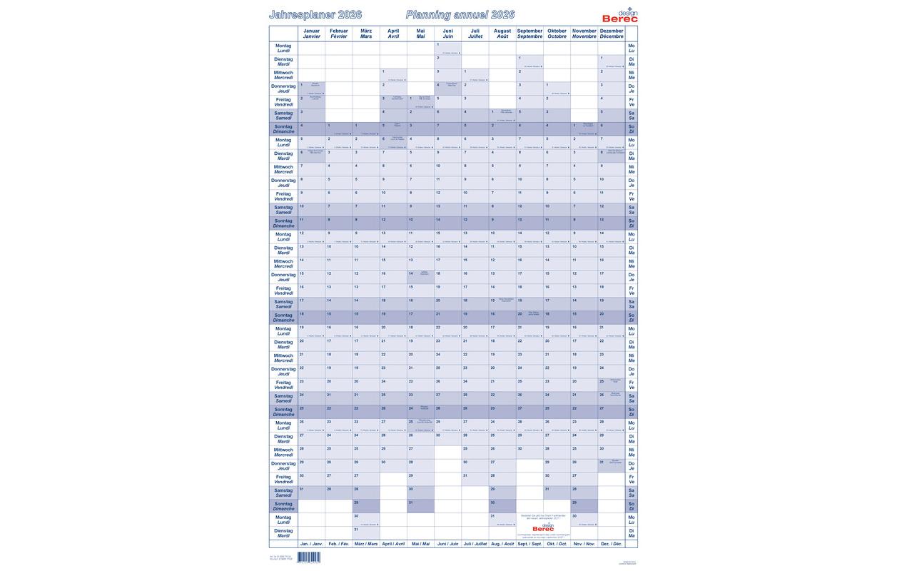 Berec Jahresplaner – zweisprachig d/f – 2026 – laminiert – 60 × 90 cm