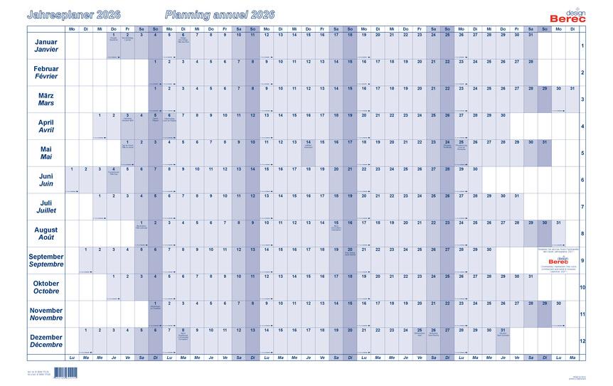 BEREC Jahresplaner – zweisprachig d/f – 2026 – laminiert – 90 × 60 cm