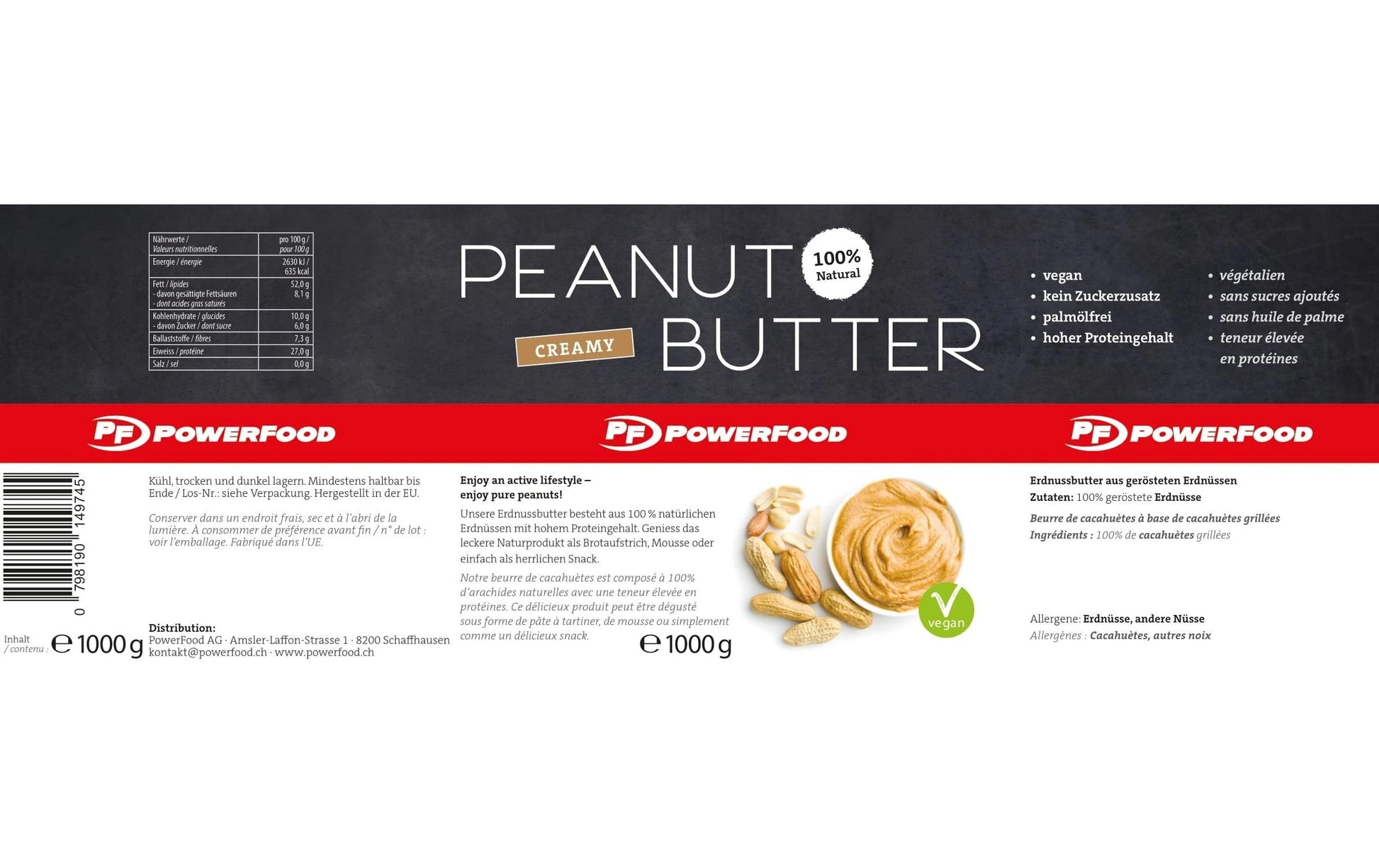 PowerFood Erdnussbutter, Cremig, Vegan – 1 kg
