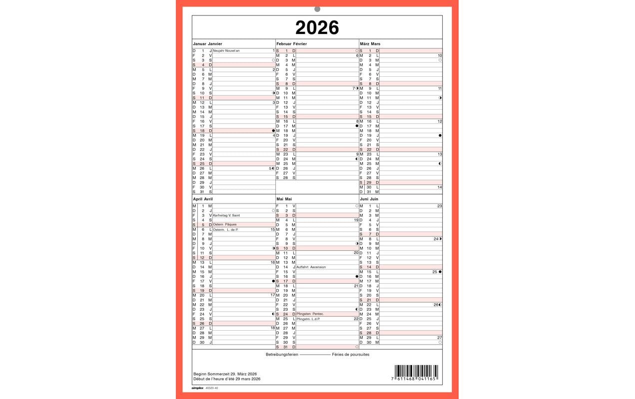 Simplex Tafelkalender – 6 Monate pro Seite – zweisprachig Deutsch/Französisch – 2026 – zweiseitig – A4