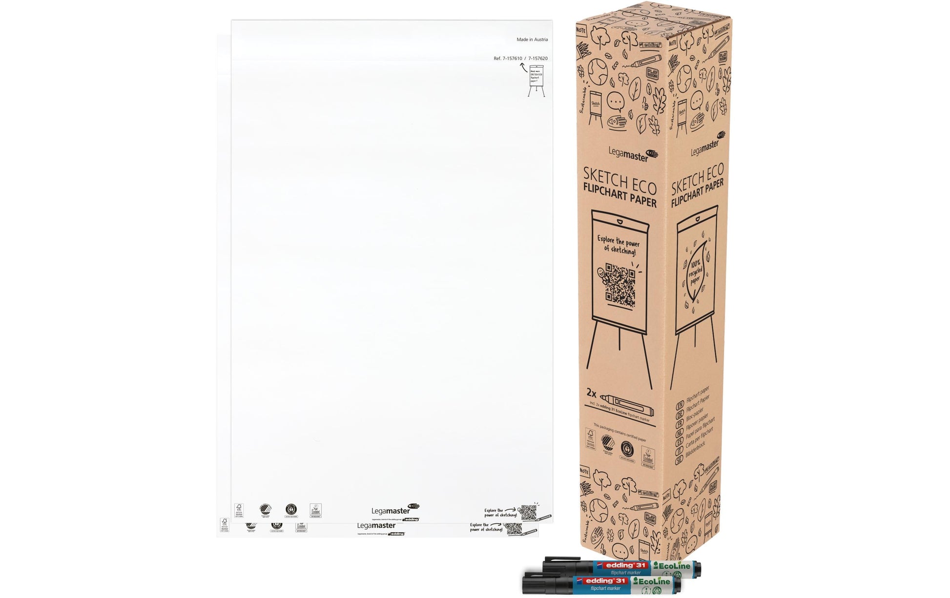 Legamaster Flipchart-Block SKETCH ECO – 65 × 98 cm, 50 Blatt/Block, 2 Blöcke, blanko, weiss, Papier, Recycling
