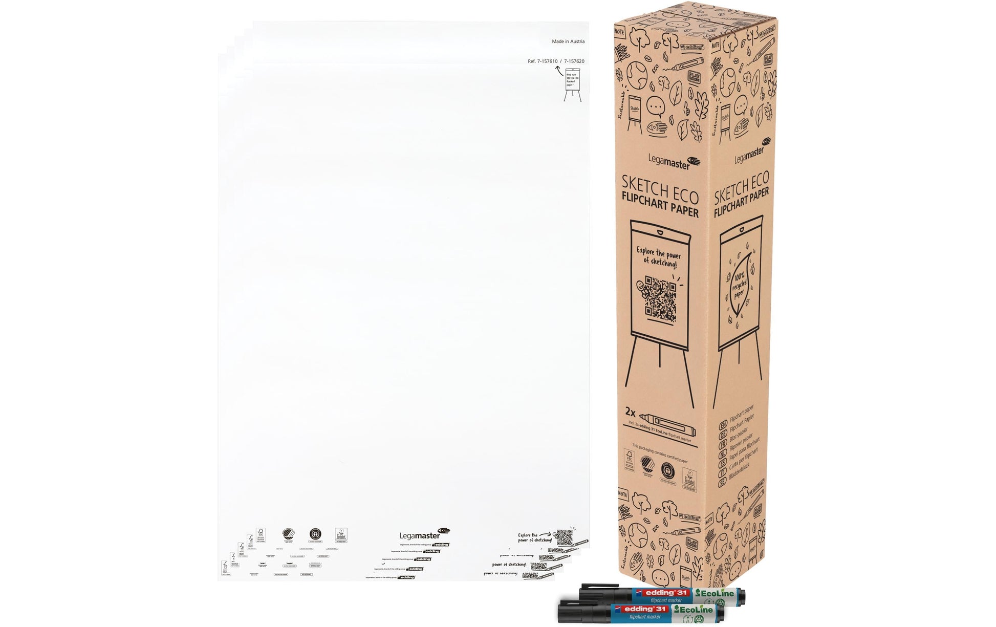 Legamaster Flipchart-Block SKETCH ECO – 65 × 98 cm, 20 Blatt/Block, 5 Blöcke, blanko, weiss, Papier, Recycling