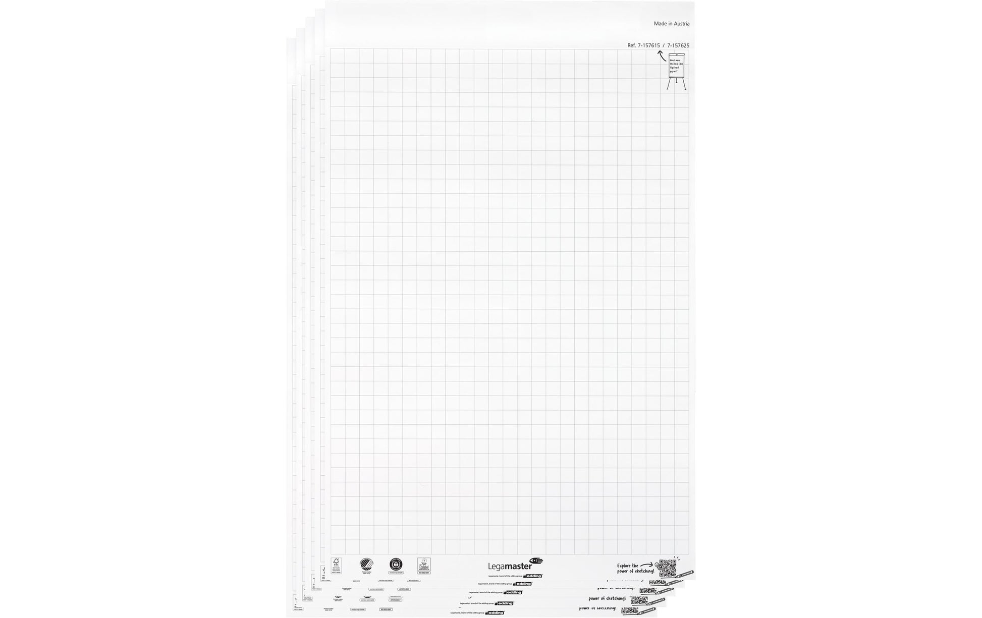 Legamaster Flipchart-Block SKETCH ECO – 65 × 98 cm, 20 Blatt/Block, 5 Blöcke, kariert, weiss, Papier