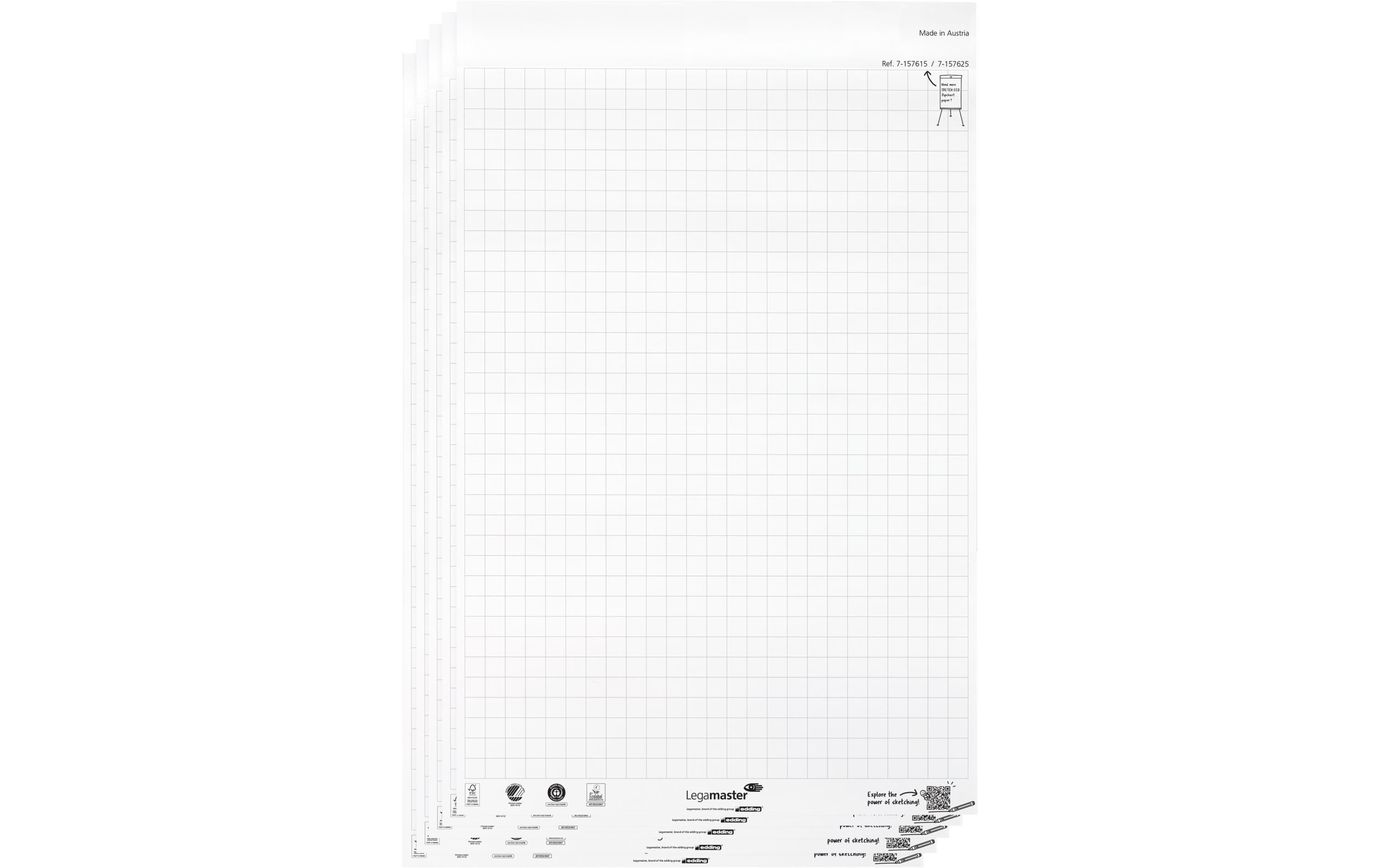Legamaster Flipchart-Block SKETCH ECO – 65 × 98 cm, 20 Blatt/Block, 5 Blöcke, kariert, weiss, Papier