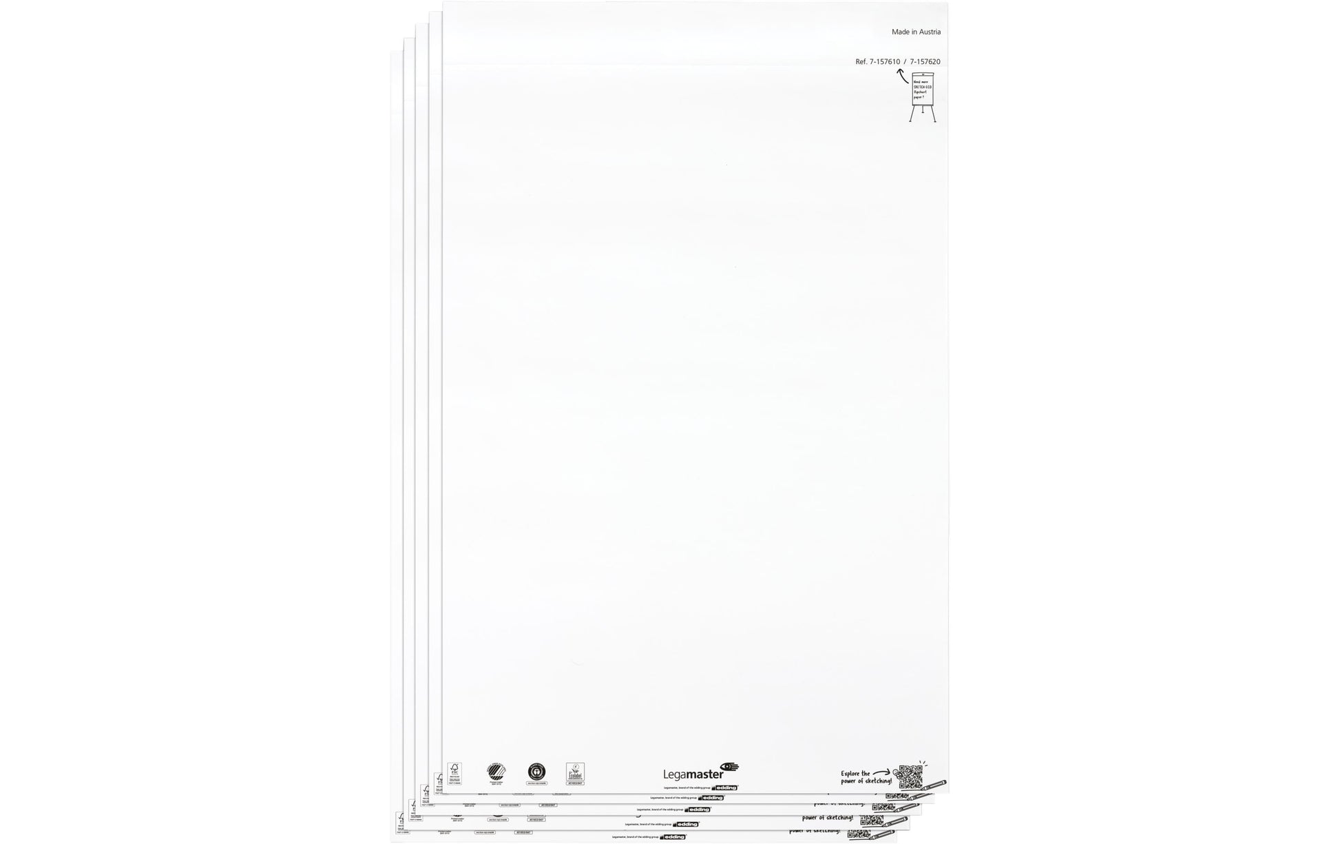 Legamaster Flipchart-Block SKETCH ECO – 65 × 98 cm, 20 Blatt/Block, 5 Blöcke, blanko, weiss, Papier, Recycling