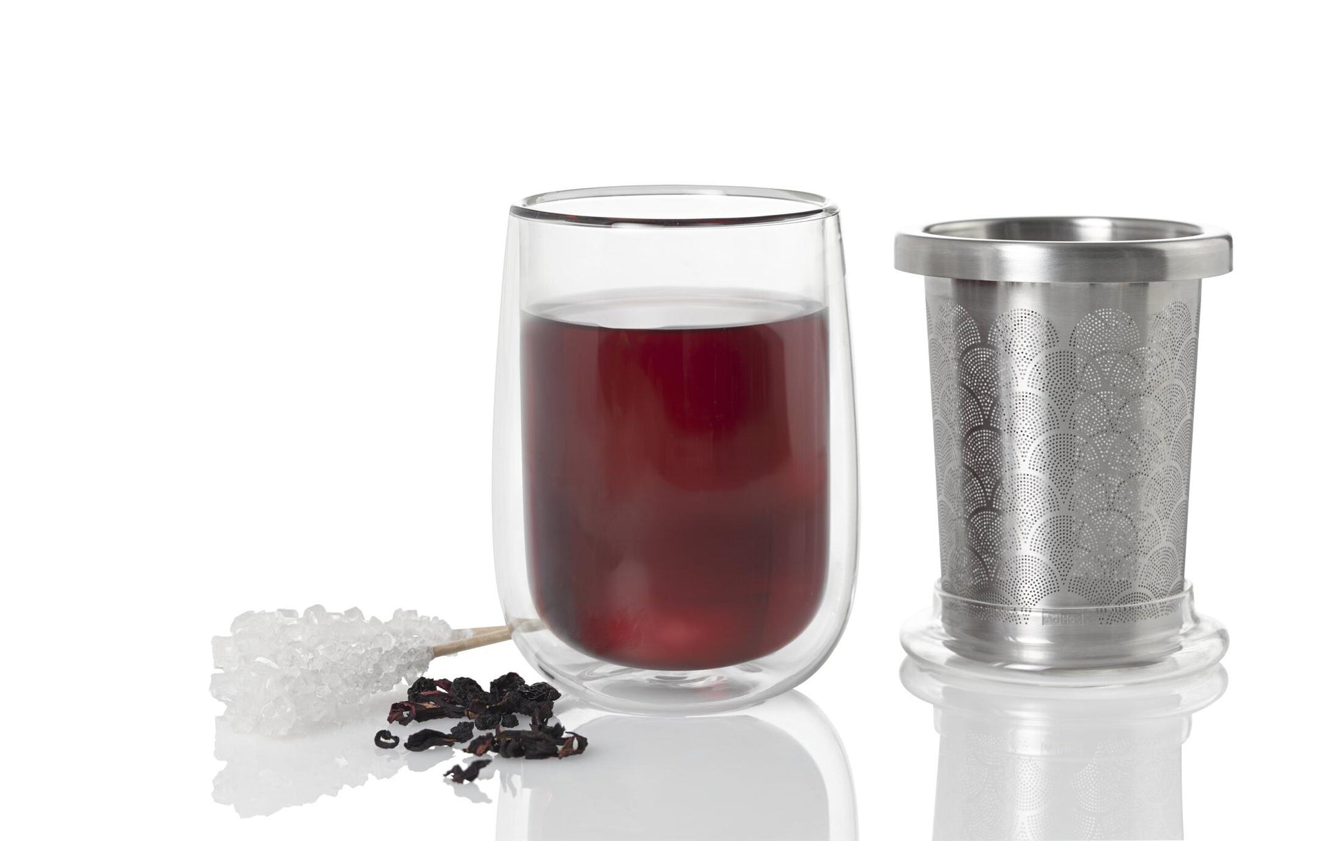 AdHoc Tee-Set Fusion Glass – 400 ml, Ø 7 cm, H 13,5 cm, Glas/Edelstahl, doppelwandig, mit Teefilter