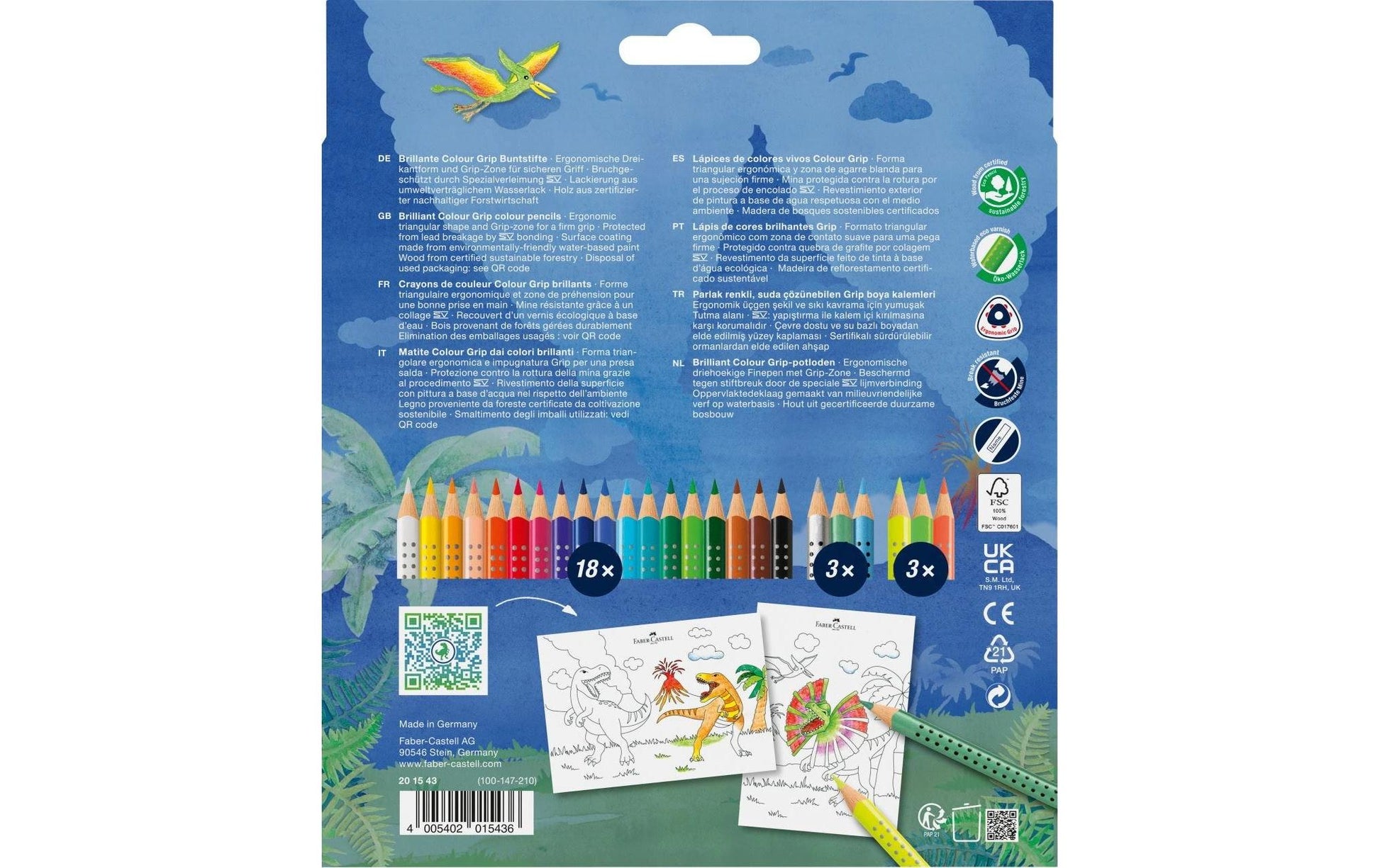 Faber-Castell Colour GRIP Dino Farbstifte – 24 Farben, Dreikant, waschbar, Karton