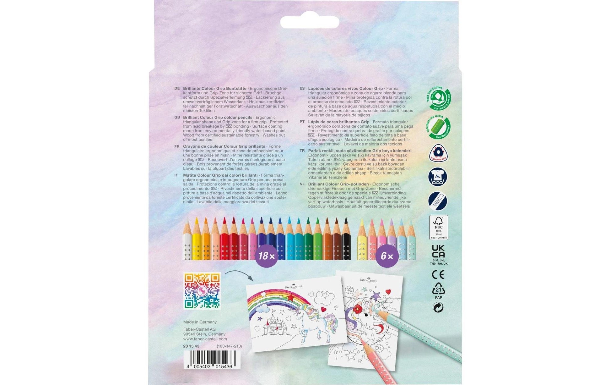 Faber-Castell Colour GRIP Einhorn Aquarellfarbstifte – 24 Stk., ergonomisch, waschbar, Karton, mit Aufklebern