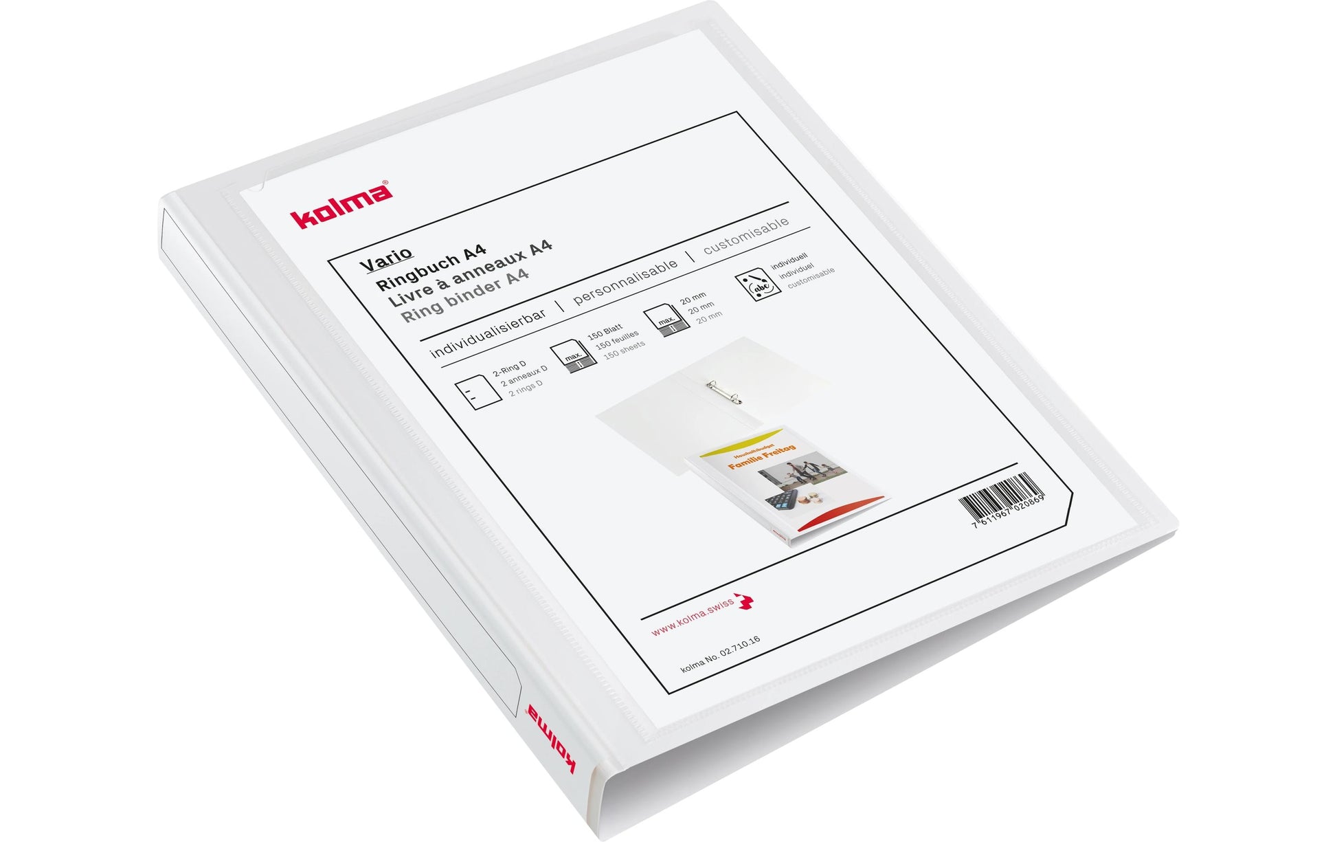 Kolma Zeigebuch – A4 Hochformat – 2-Ring Bügelmechanik, Ø 20 mm, Rücken 27 mm – Weiss, Kunststoff, mit Niederhalter