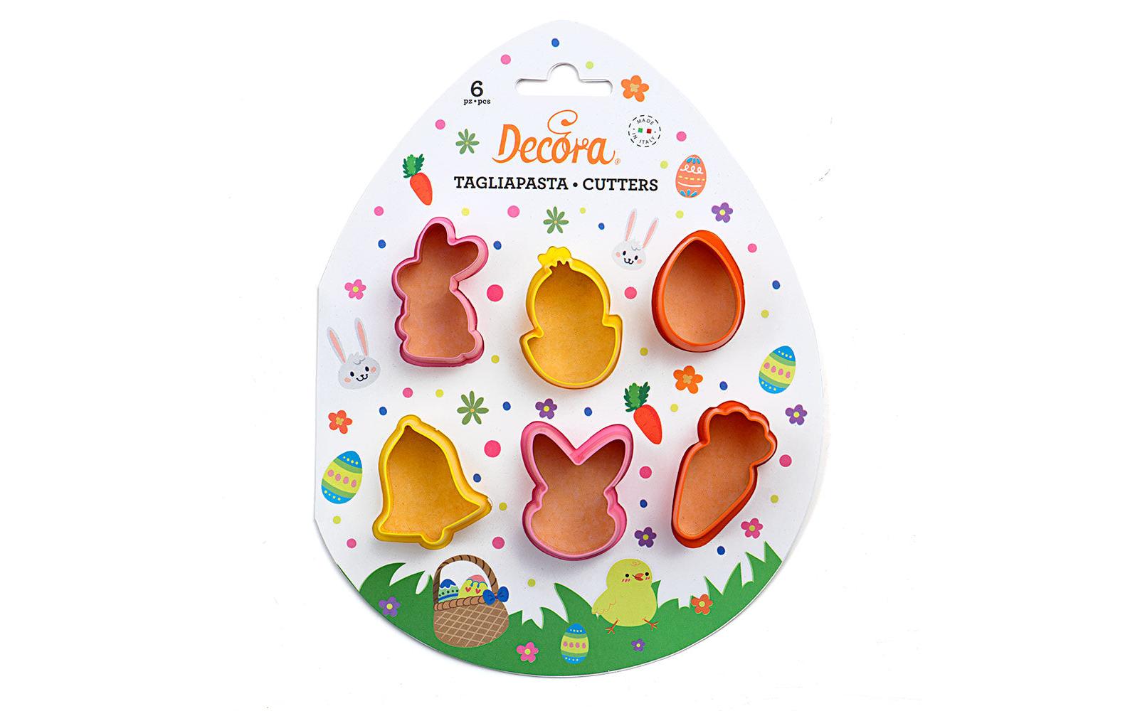 Decora Ausstecher-Set – 6-teilig – Hasenkopf, Glocke, Karotte, Ei, Hase, Küken – Kunststoff – Mehrfarbig