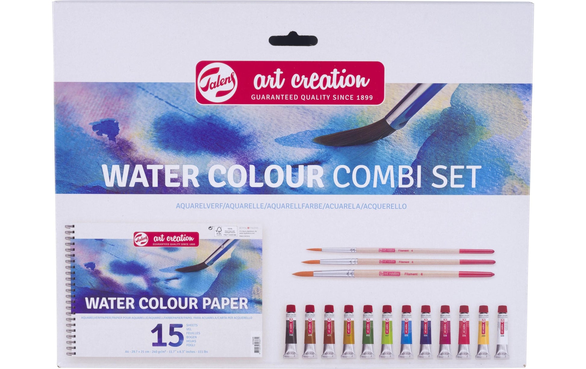 Talens Art Creation – Aquarell-Kombiset – Set – 12 Farben, 12 × 12 ml, mit 3 Pinseln & A4-Block