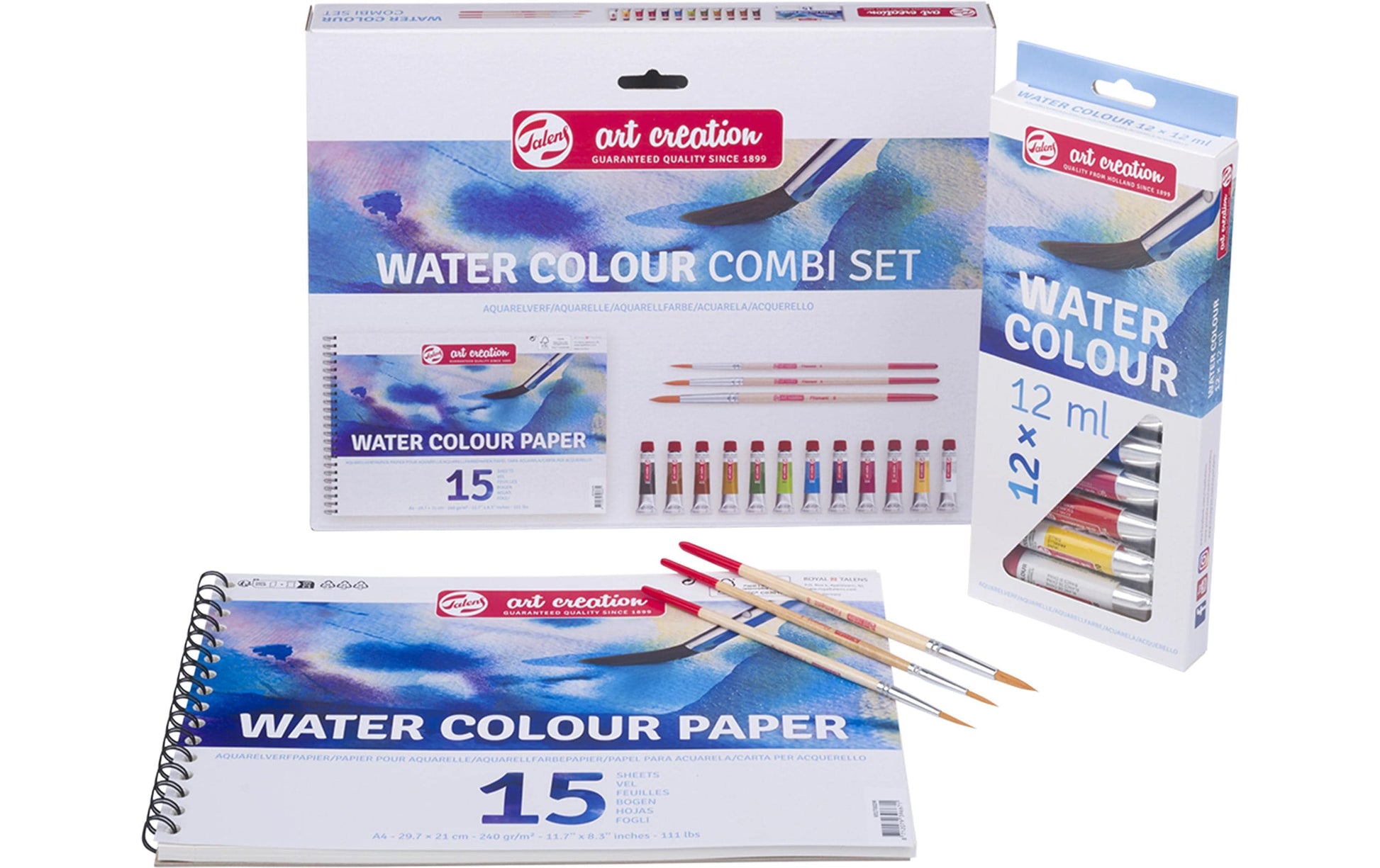 Talens Art Creation – Aquarell-Kombiset – Set – 12 Farben, 12 × 12 ml, mit 3 Pinseln & A4-Block