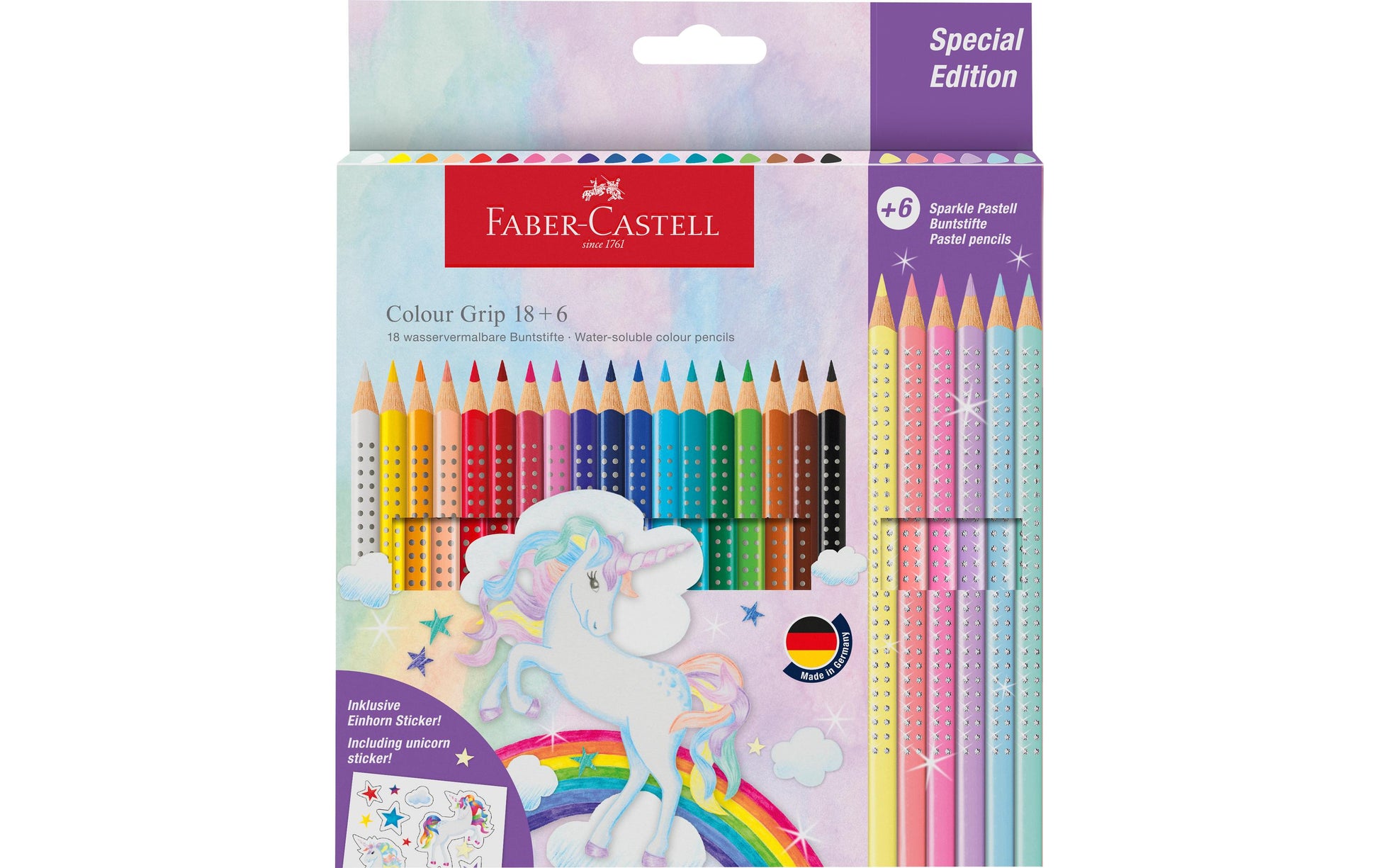 Faber-Castell Colour GRIP Einhorn Aquarellfarbstifte – 24 Stk., ergonomisch, waschbar, Karton, mit Aufklebern