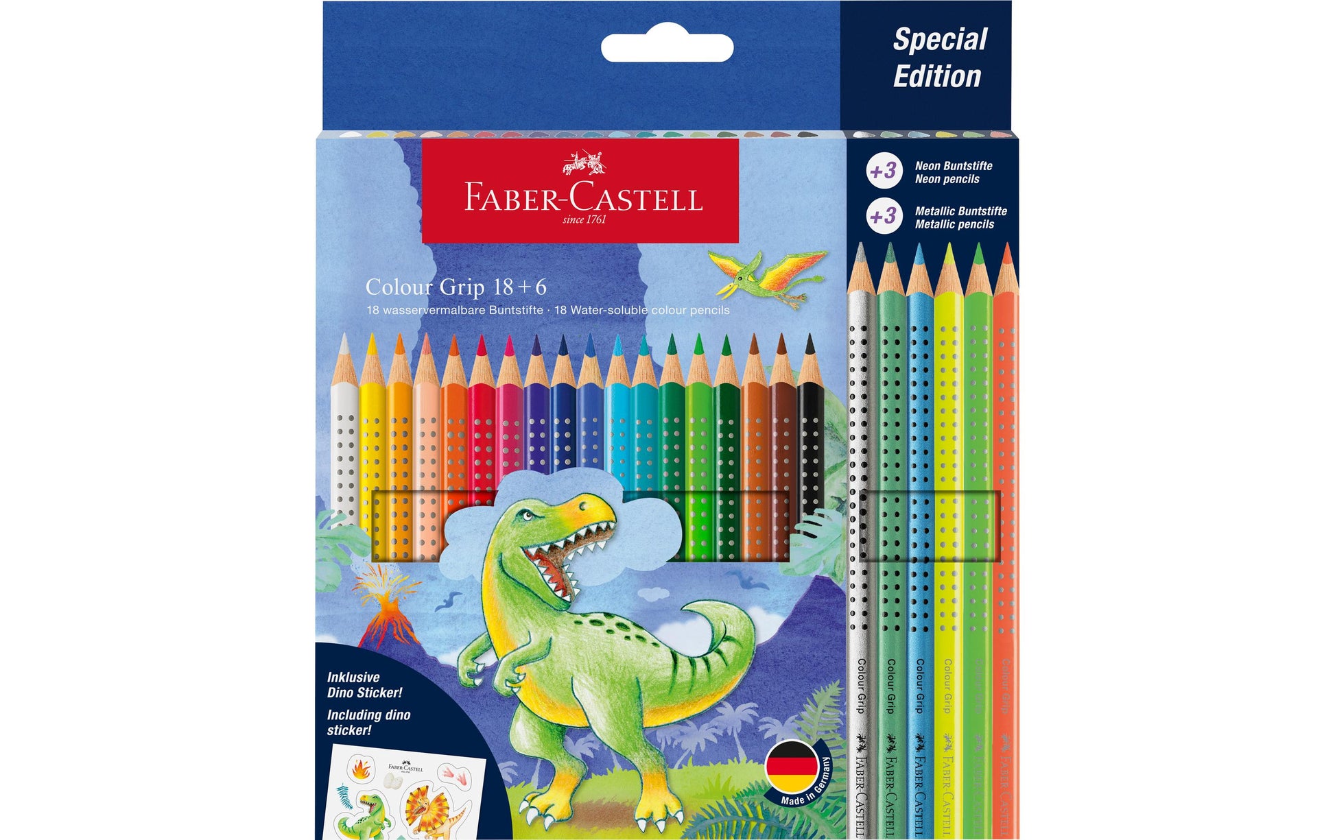 Faber-Castell Colour GRIP Dino Farbstifte – 24 Farben, Dreikant, waschbar, Karton