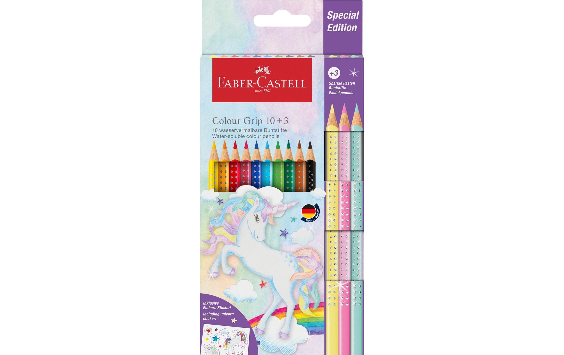 Faber-Castell Aquarellfarbstifte Colour GRIP Einhorn – Dreikant, Minen-Ø 3,0 mm, 13 Farben, im Kartonetui