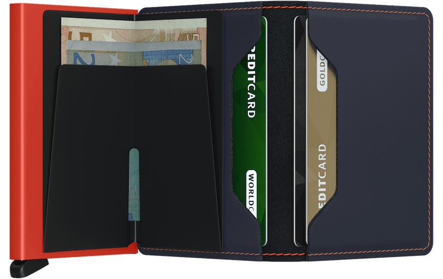 Secrid Slimwallet Kartenetui – RFID-Schutz – 12 Karten, 68 × 102 × 16 mm – Leder – Nightblue/Orange