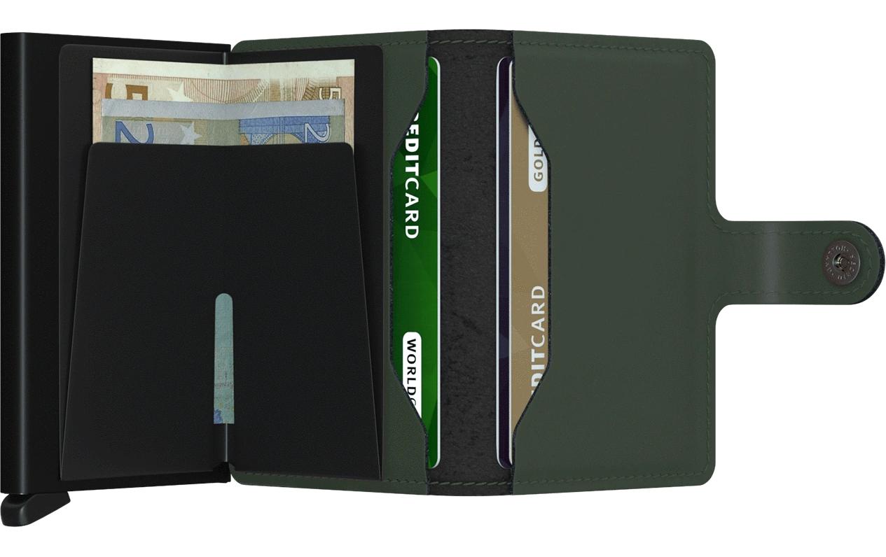 Secrid Miniwallet – RFID-Schutz, 10 Karten – 65×102×21 mm – Dunkelgrün/Schwarz – Leder/Aluminium