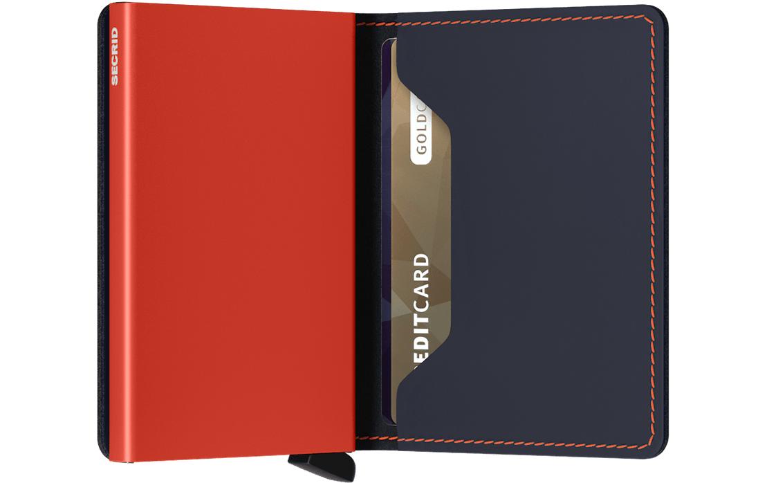 Secrid Slimwallet Kartenetui – RFID-Schutz – 12 Karten, 68 × 102 × 16 mm – Leder – Nightblue/Orange