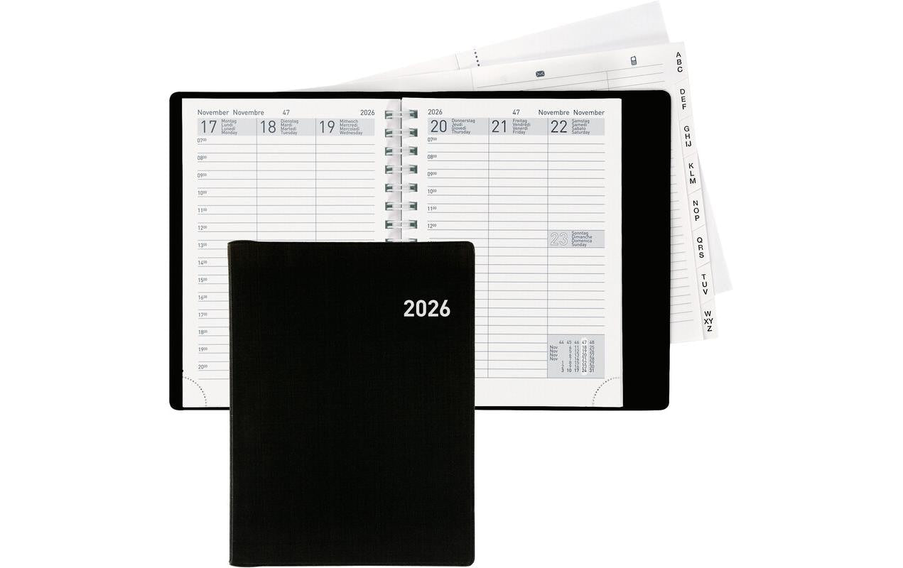 Biella Rex Agenda – 1 Woche/2 Seiten, Spiralbindung, 10,1 × 14,2 cm, 2026, mehrsprachig, schwarz, FSC