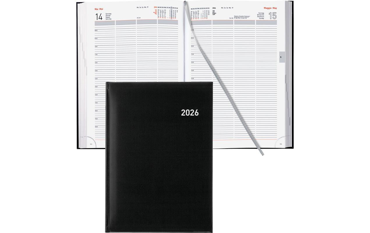 Biella Quattro Agenda – 1 Tag pro Seite, gebunden, A4, 2026, 1-Stunden-Takt, mehrsprachig, schwarz, FSC