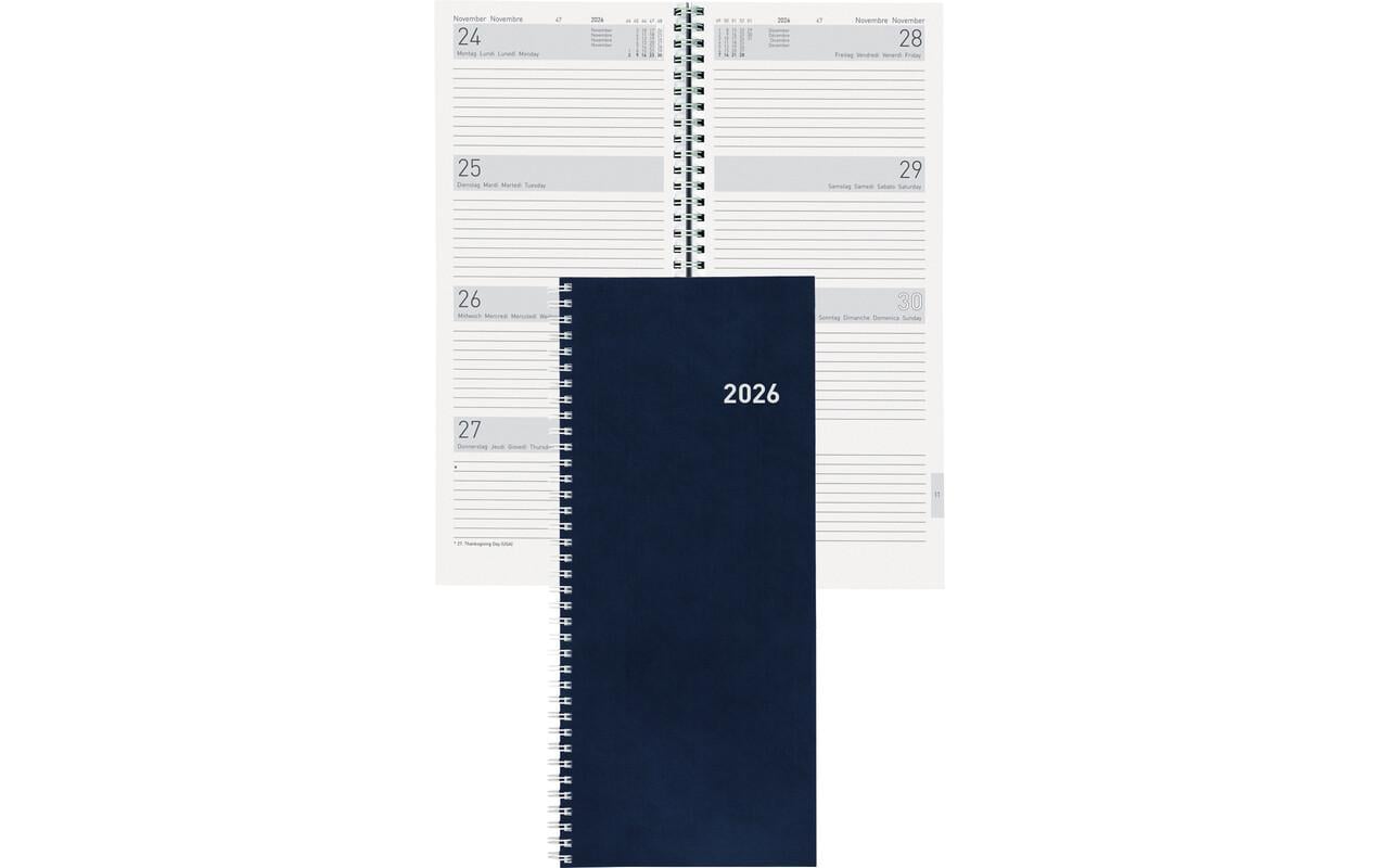 Biella Agenda – 1 Woche/2 Seiten, Spiralbindung, 13,5 × 31,5 cm, Jan–Dez, 2026, Dunkelblau, FSC
