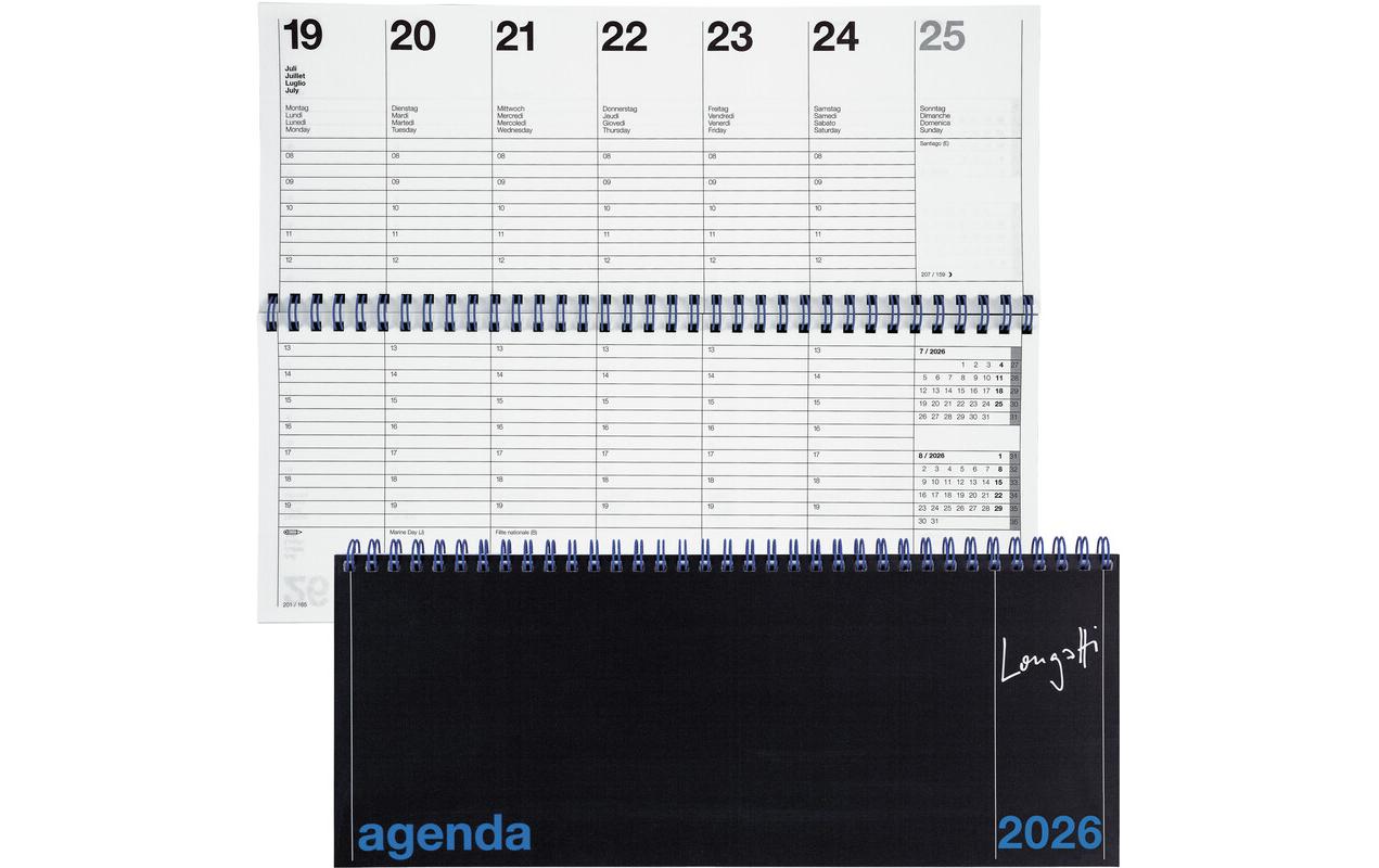 Biella Agenda – 1 Woche/2 Seiten, Spiralbindung, 29,8 × 11,7 cm, 2026, mehrsprachig, schwarz, FSC